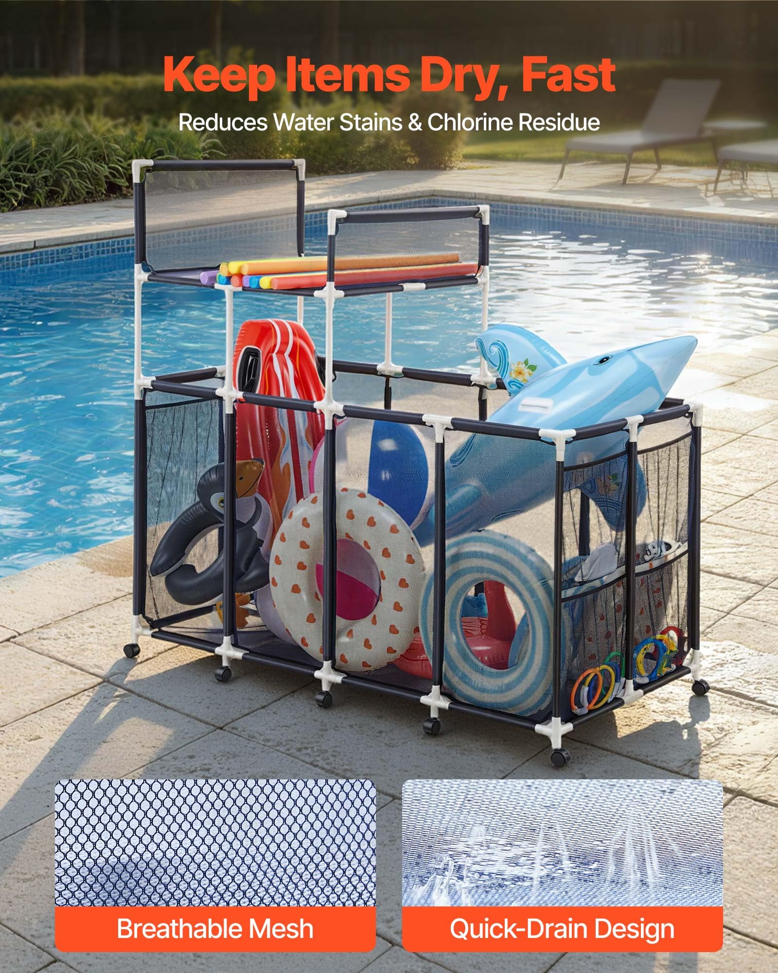 VEVOR noodle rack detail keeping pool noodles upright and easy to grab
