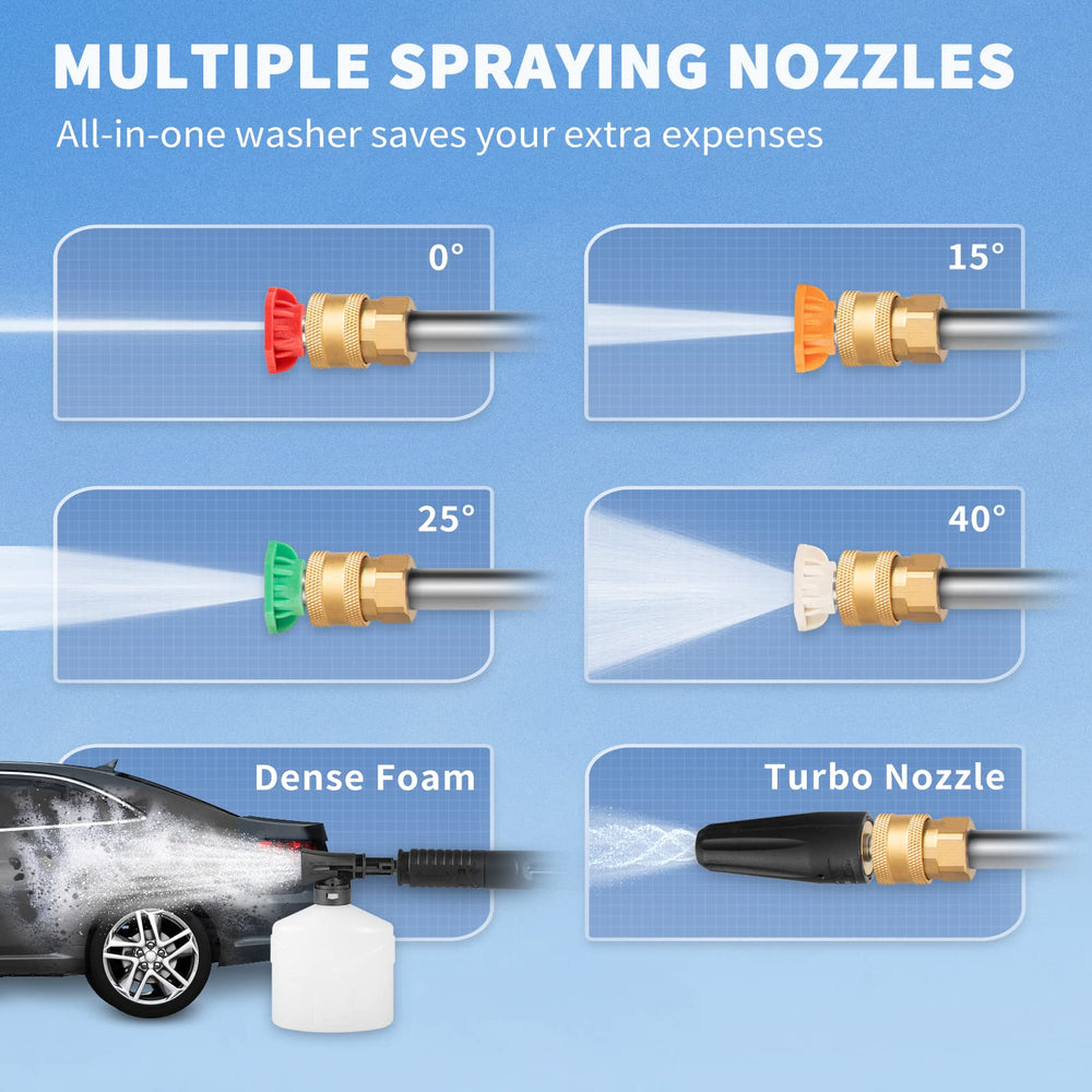 VEVOR metal quick-connect nozzles arranged to show versatile spray pattern options