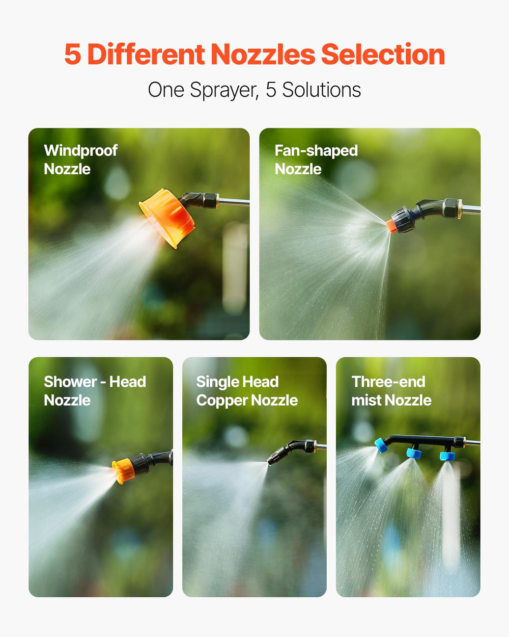 VEVOR five nozzles and accessories laid out to show versatile spray options benefits