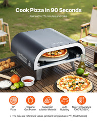 VEVOR open chamber with a 12-inch pizza illustrating fast even cooking benefit