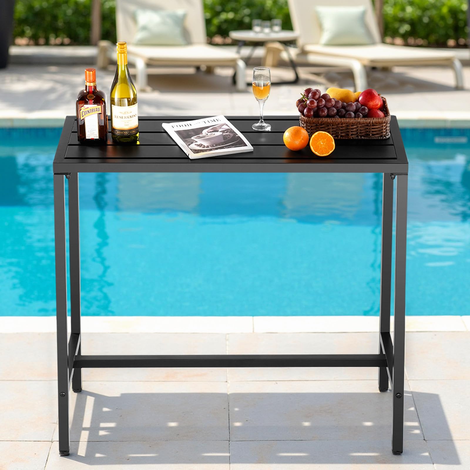 VEVOR bar table next to chair for scale showing counter-height and slim profile