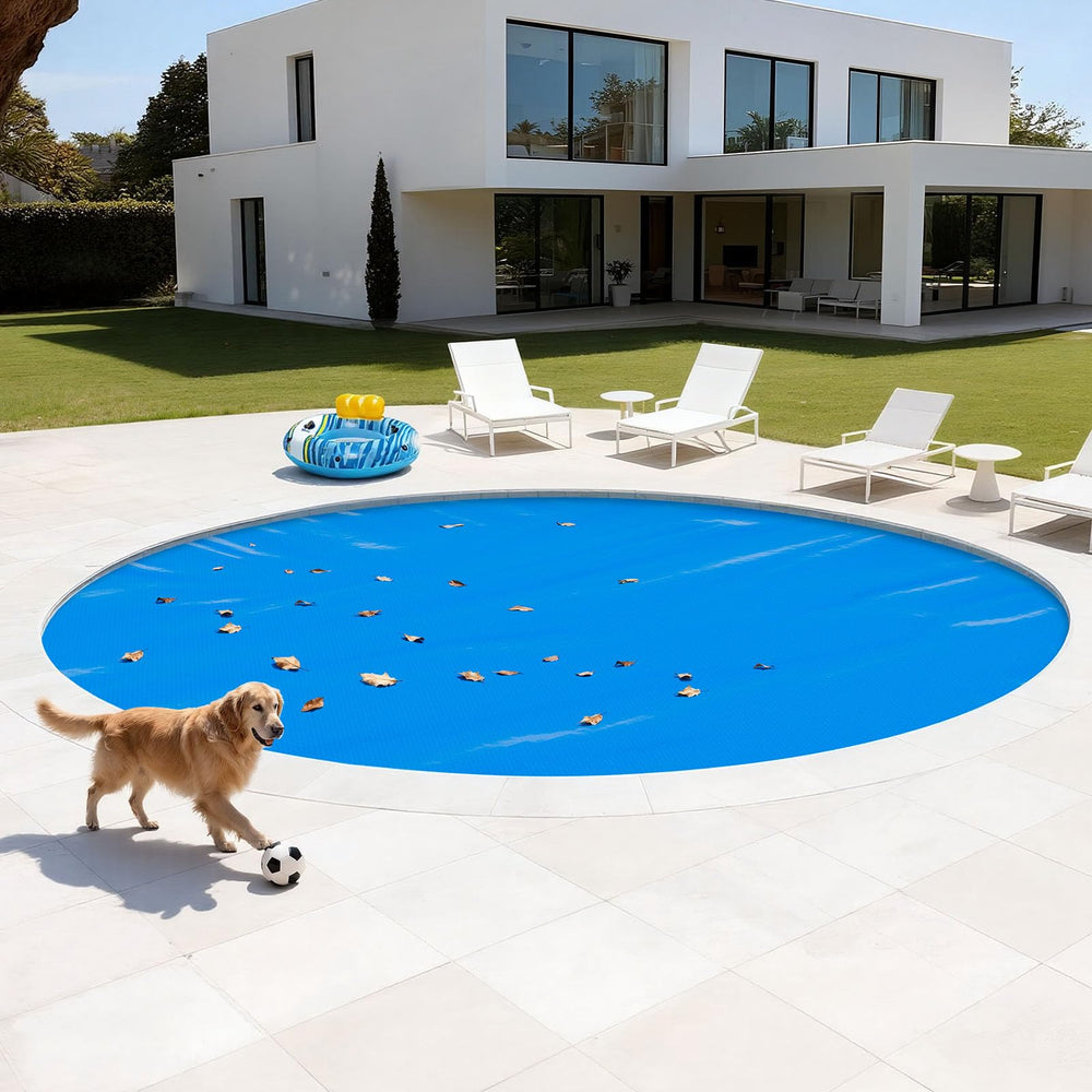 VEVOR lifestyle image poolside with cover in place showing longer swim season benefit