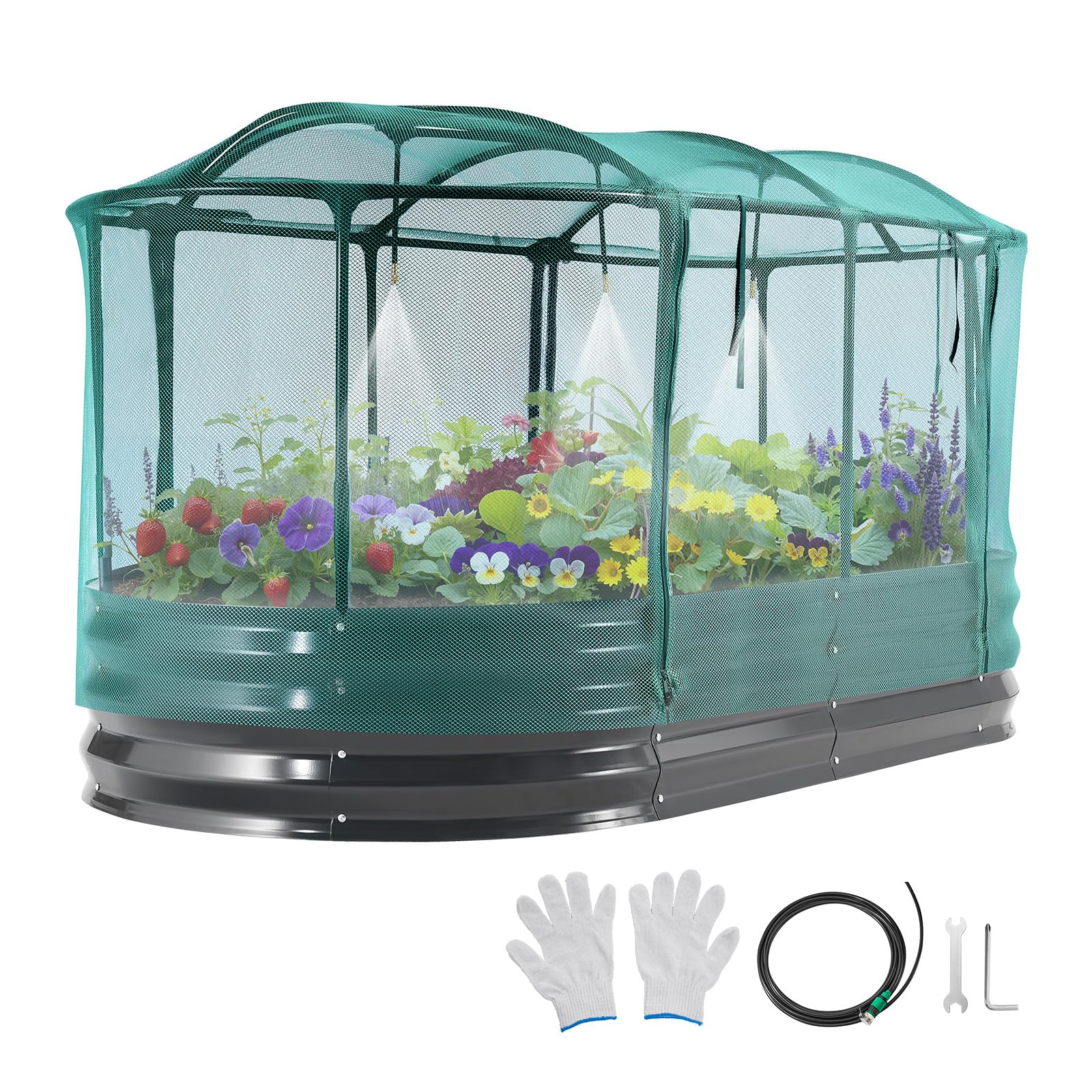 VEVOR front view of oval raised bed showing complete assembled kit and benefits