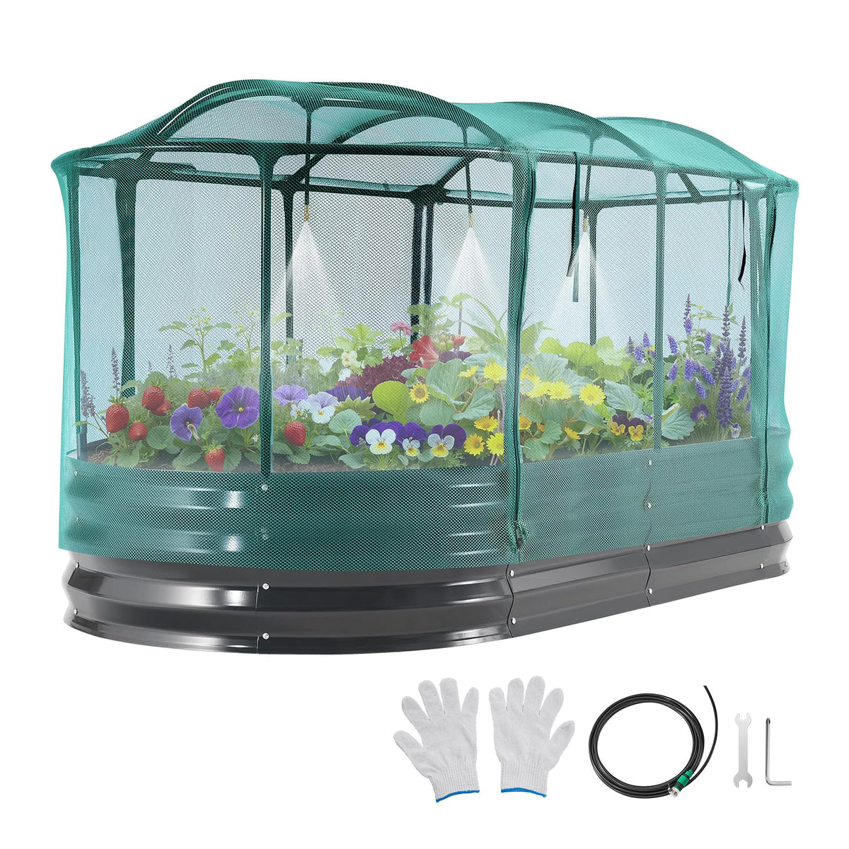VEVOR front view of oval raised bed showing complete assembled kit and benefits