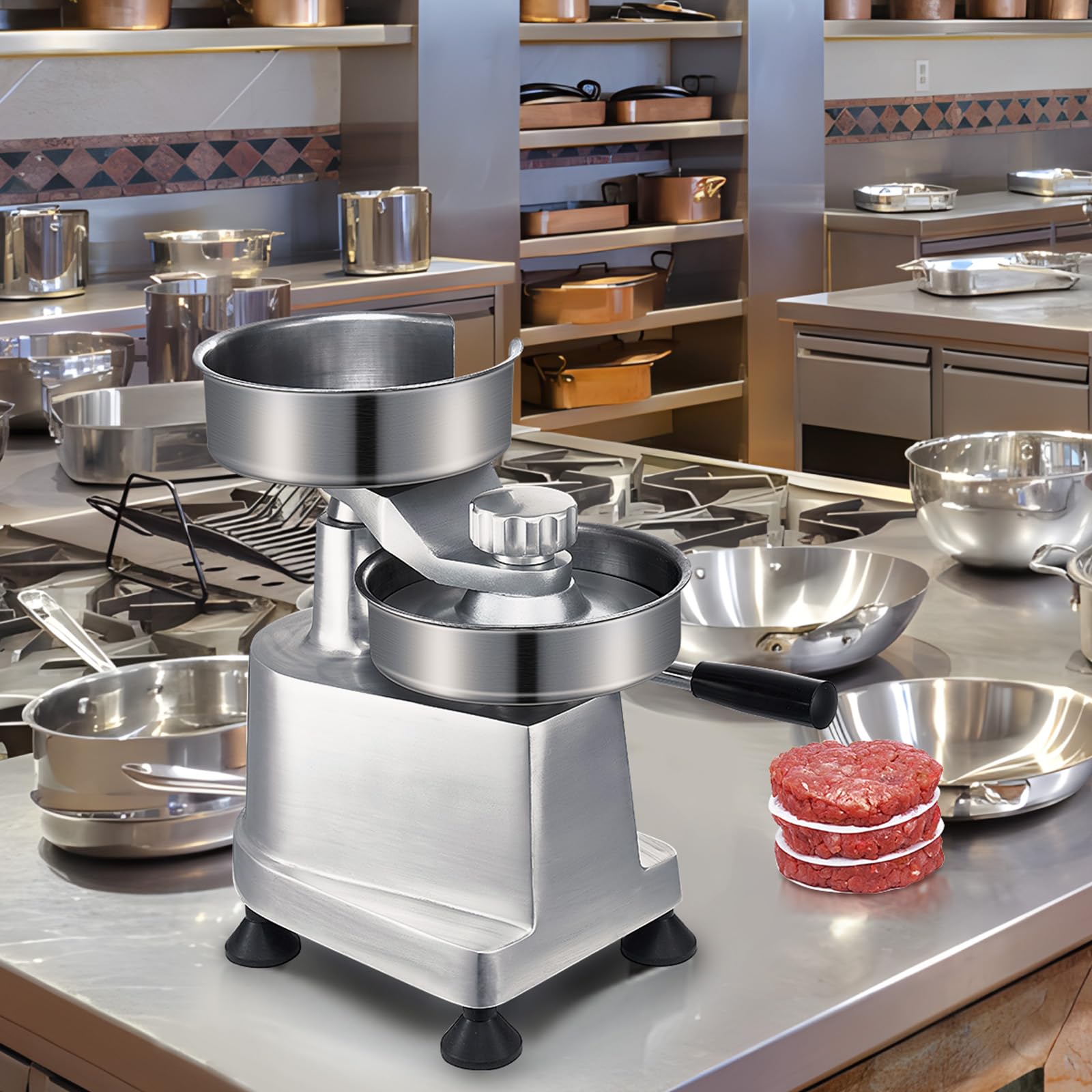 VEVOR included accessories laid out: patty papers and gloves for hygienic prep benefit