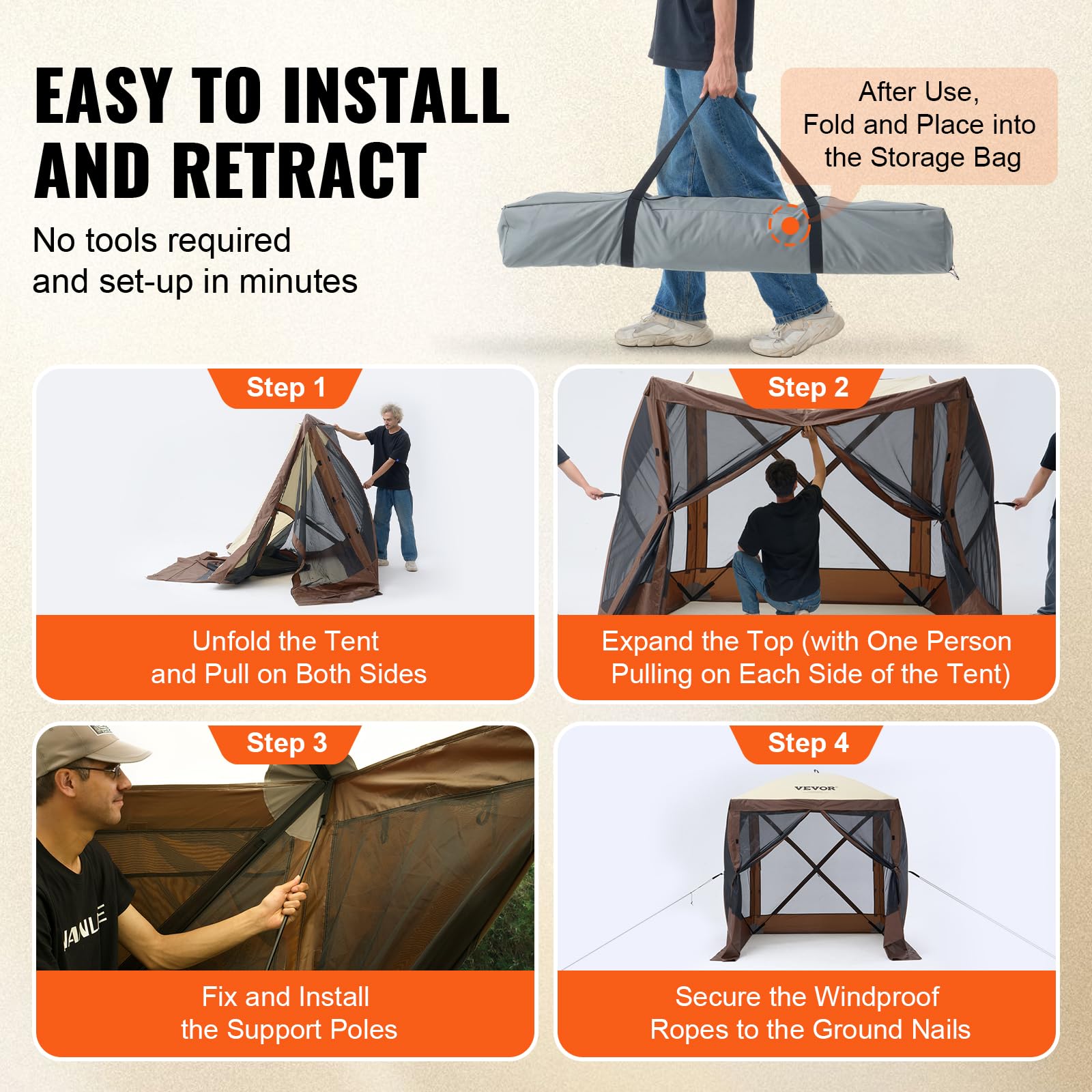 VEVOR gazebo folded in carry bag showing compact transport and storage benefit