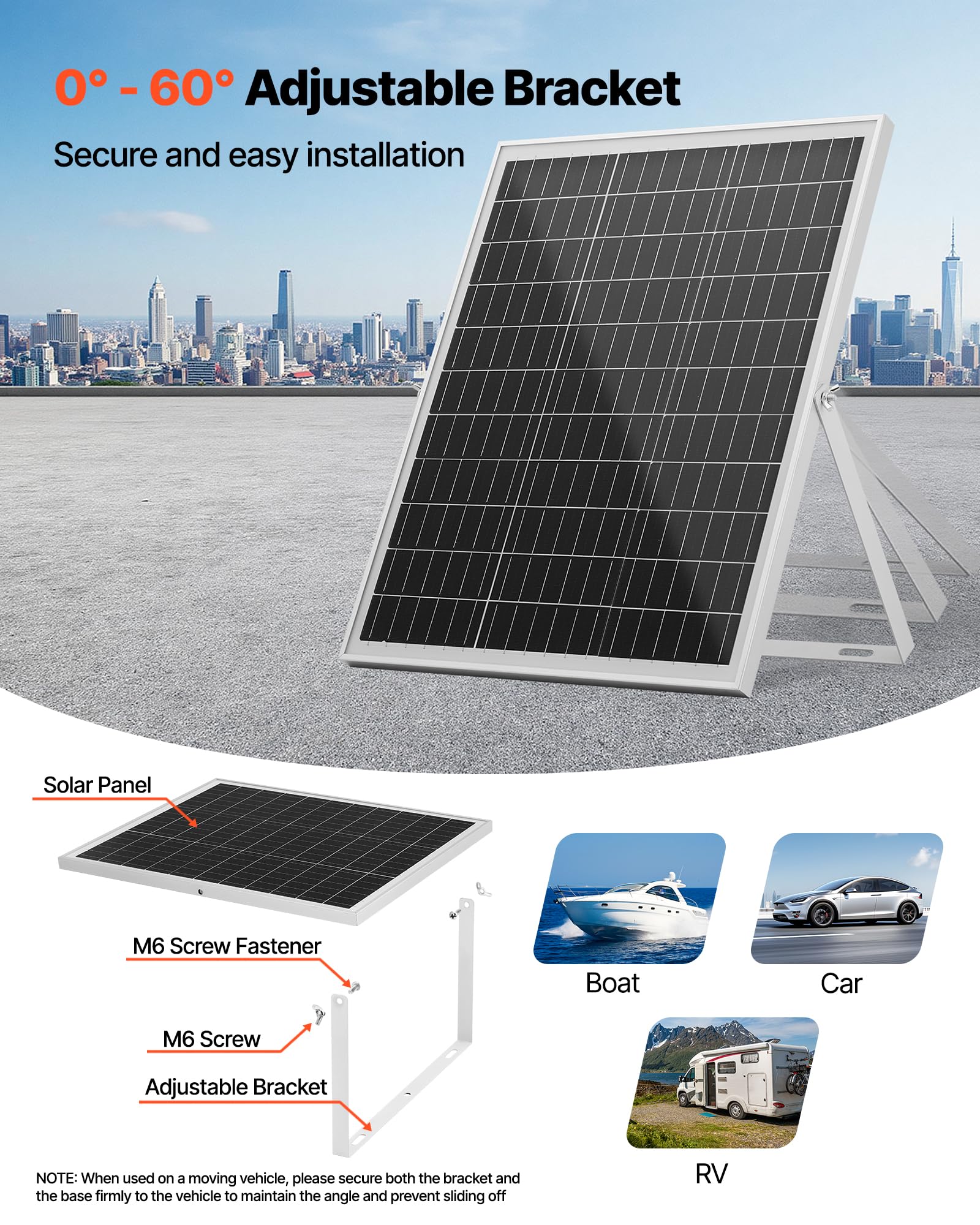 VEVOR solar panel installed on boat deck illustrating weatherproof charging outdoors