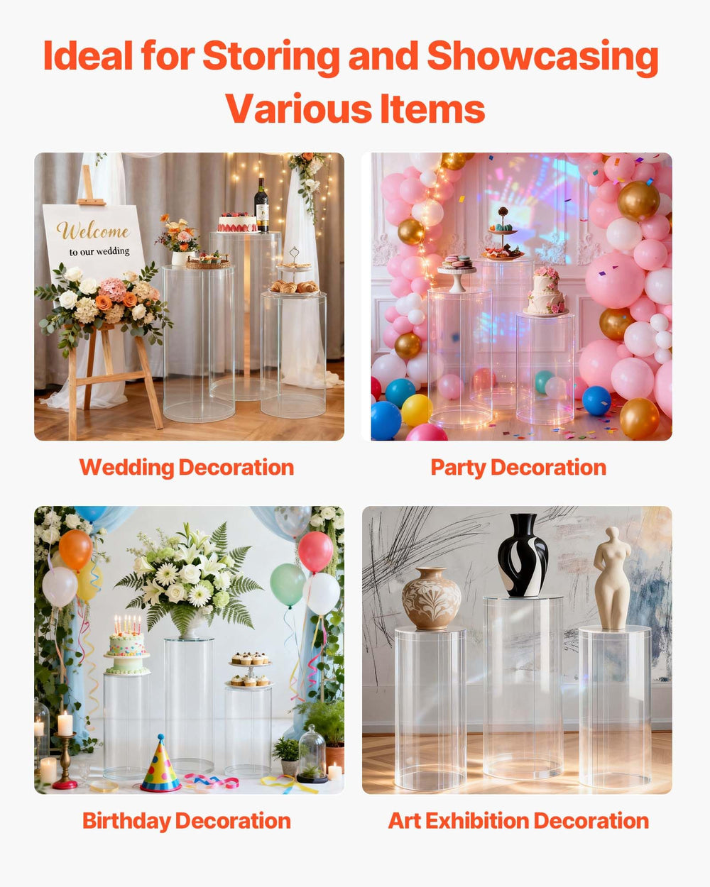 VEVOR pedestal cake display lifestyle shot showing cake elevated and visible benefit