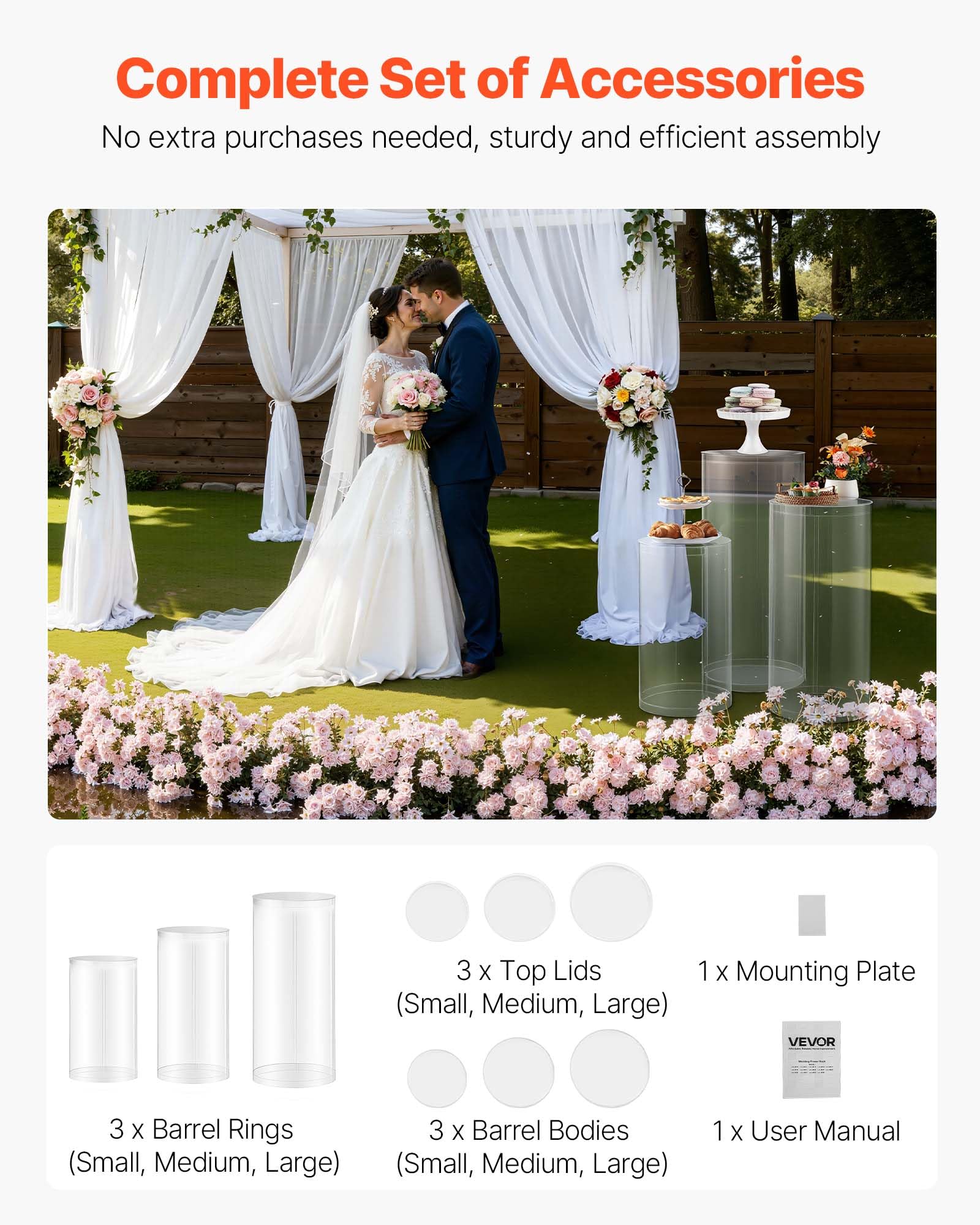VEVOR pedestal in use with wedding centerpiece illustrating elegant presentation benefit
