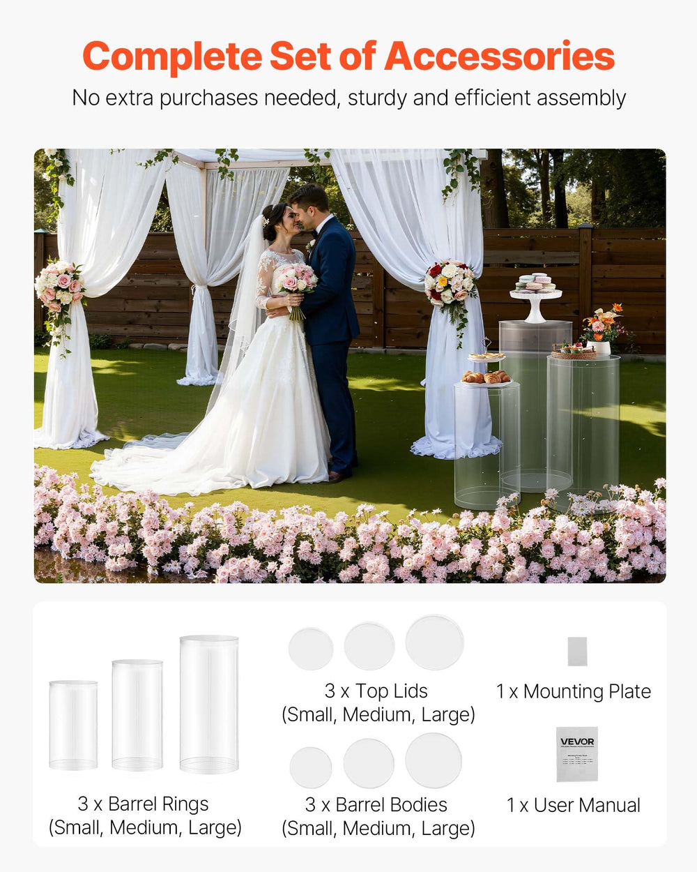VEVOR pedestal in use with wedding centerpiece illustrating elegant presentation benefit