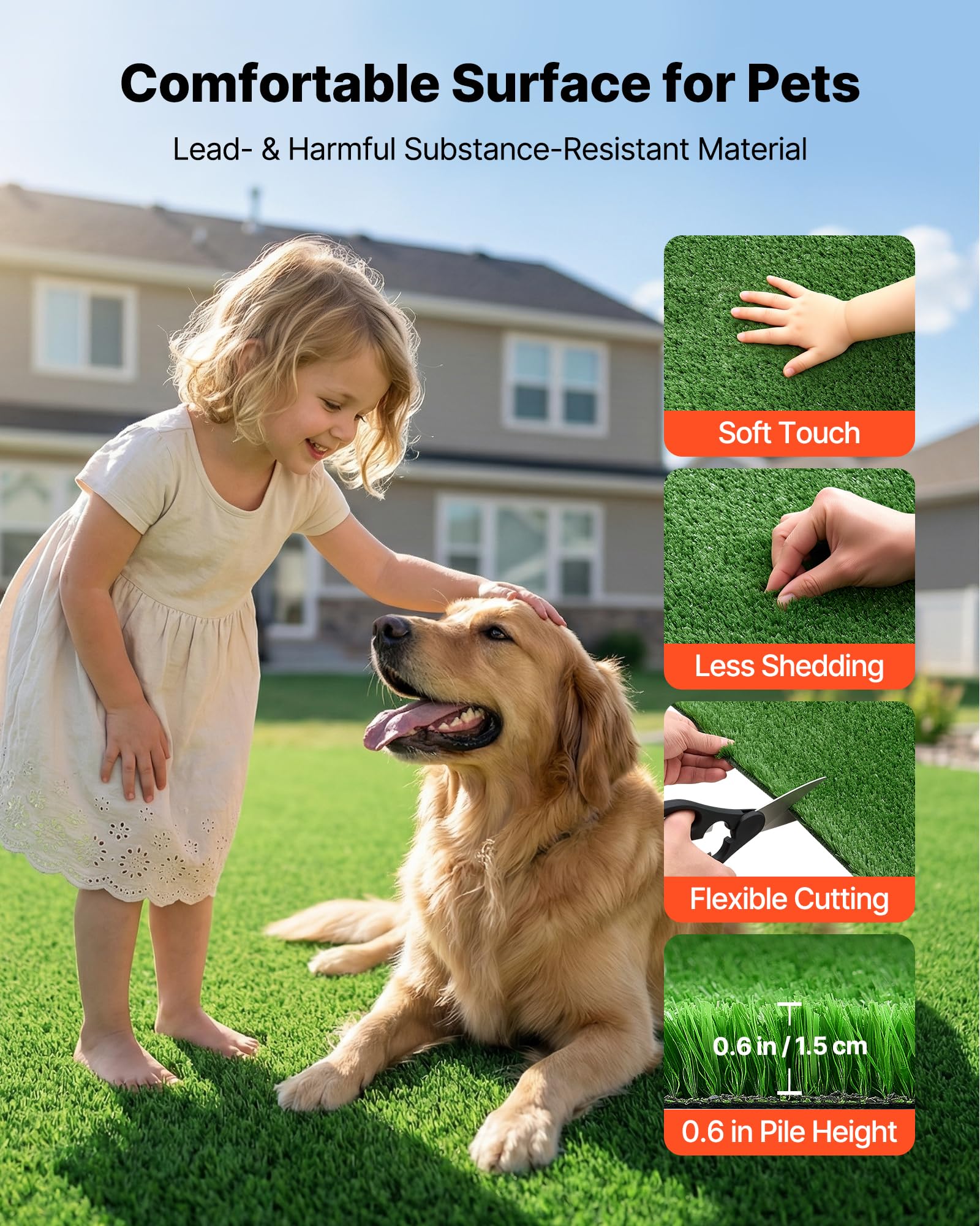 VEVOR pet playing on turf showing durable surface and pet-safe comfort benefit