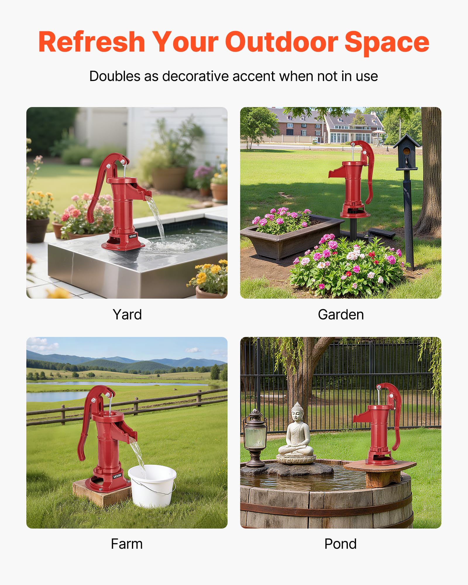 VEVOR pump mounted in garden illustrating practical watering use benefit