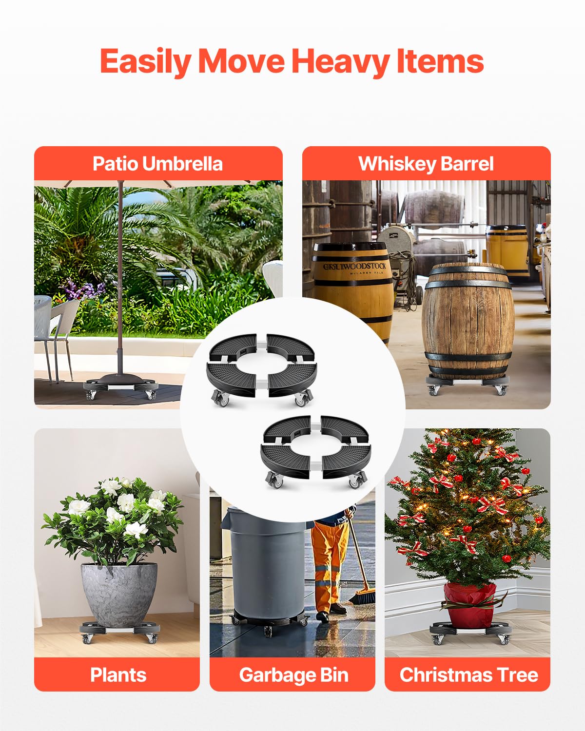 VEVOR plant caddy under a heavy planter demonstrating safe transport and load support