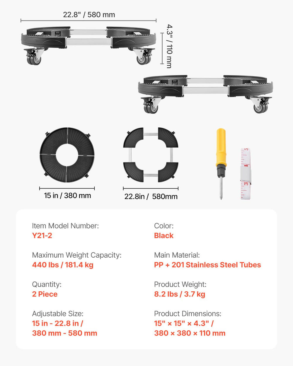 VEVOR size comparison with ruler illustrating adjustment range and measurement guides