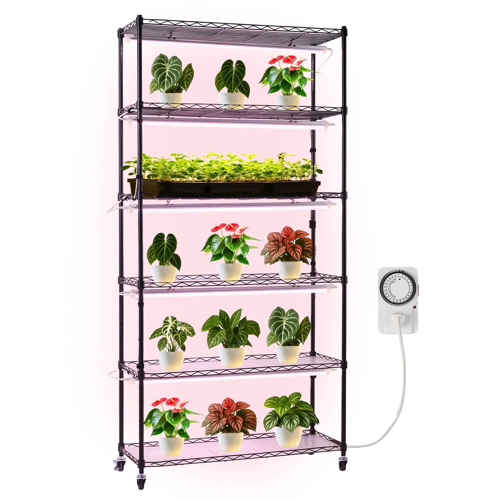 VEVOR plant shelf front view showing six tiers and full-spectrum lights for space saving