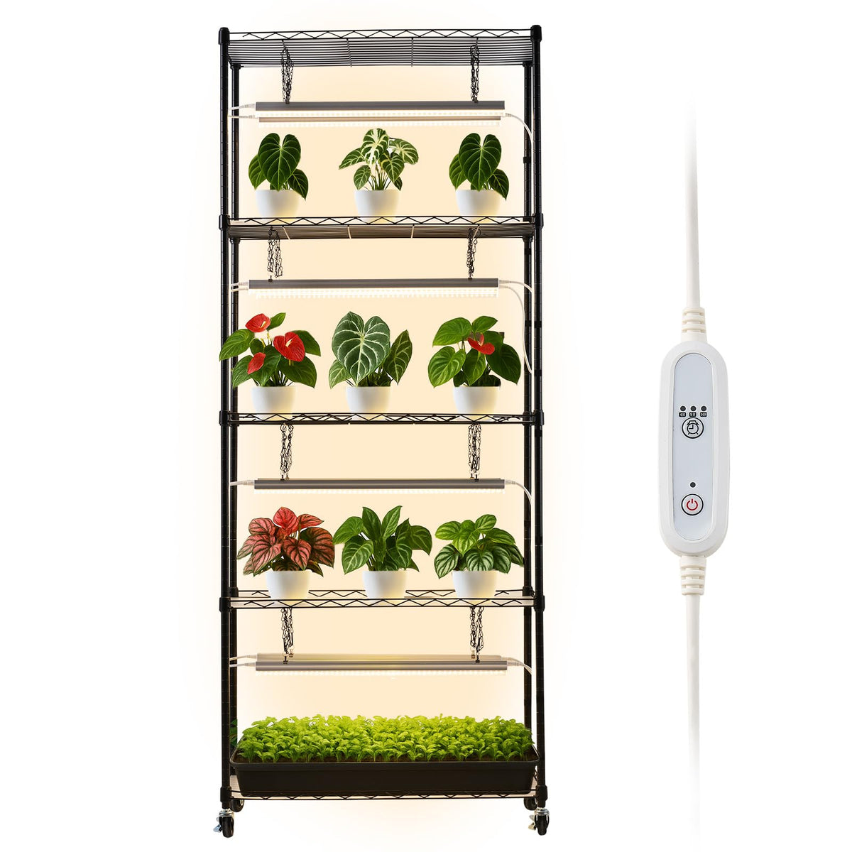 VEVOR front view of 5-tier shelf showing organized indoor plants and bright lights