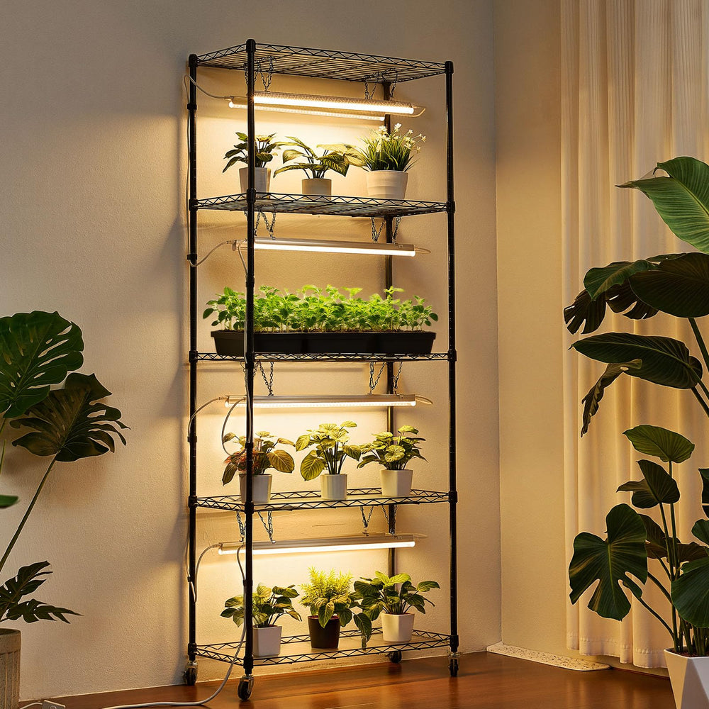 VEVOR adjustable shelf height demonstration fitting different pot sizes efficiently
