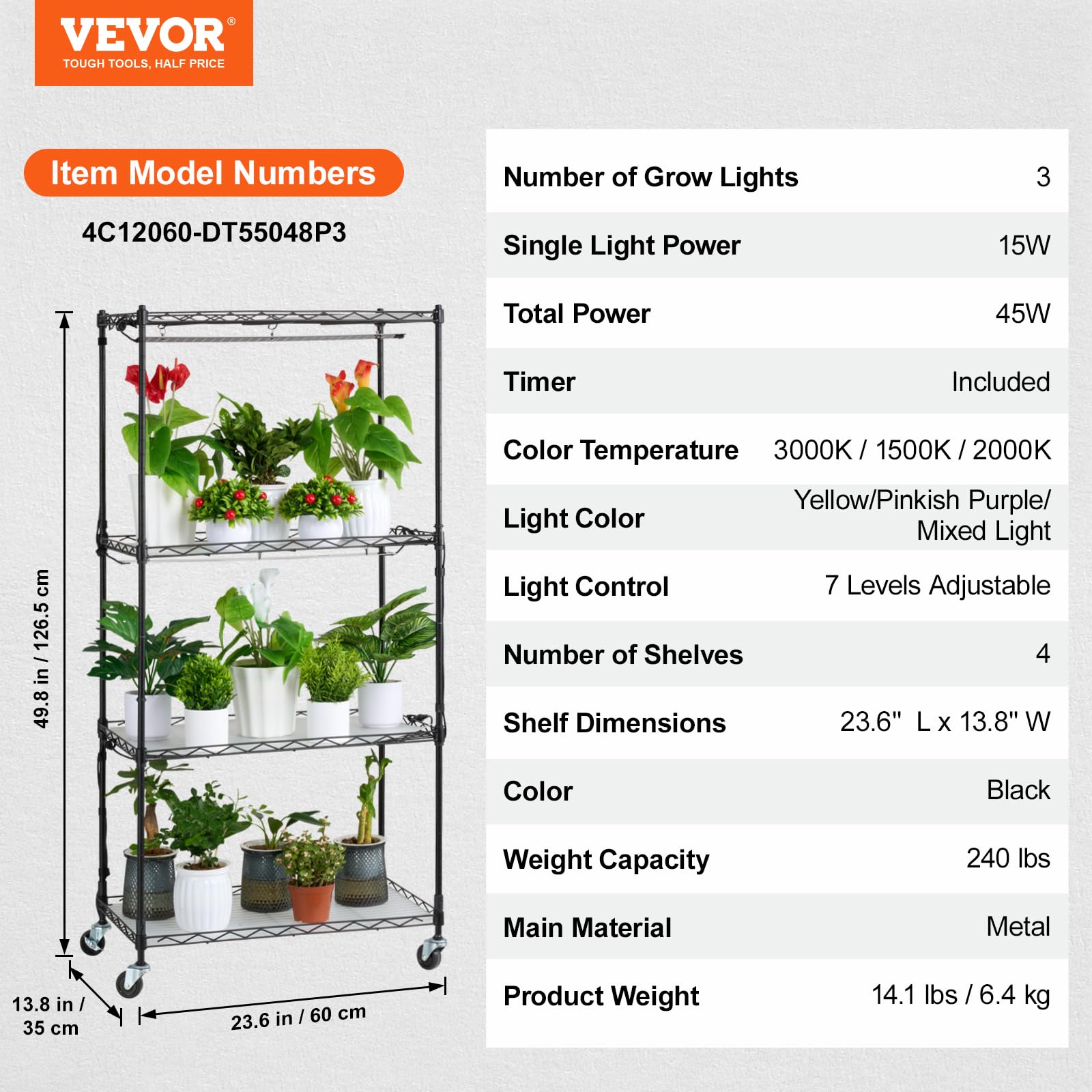 VEVOR adjustable shelf height mechanism for accommodating taller plants