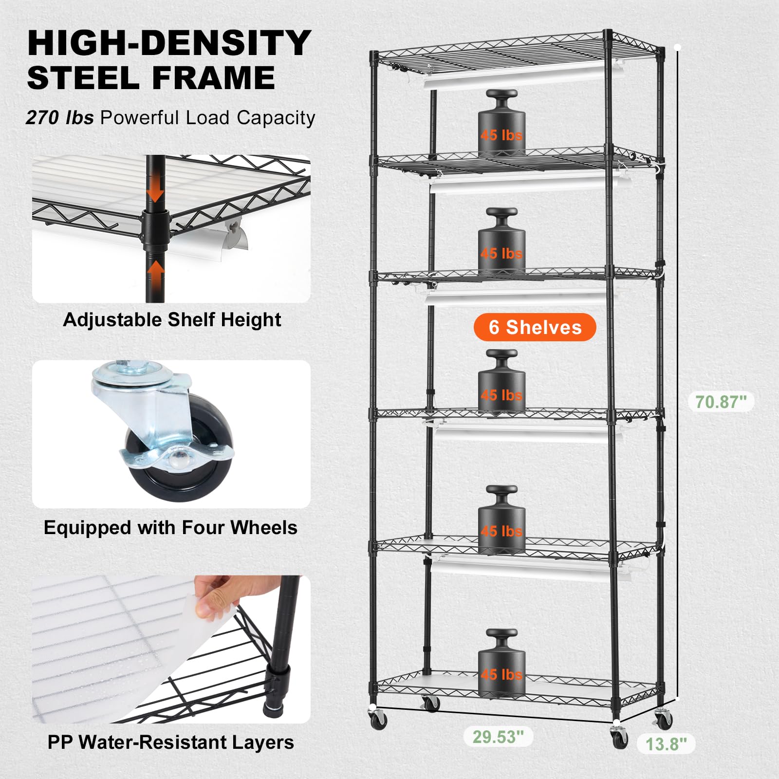 VEVOR size comparison with tools showing shelf dimensions and capacity