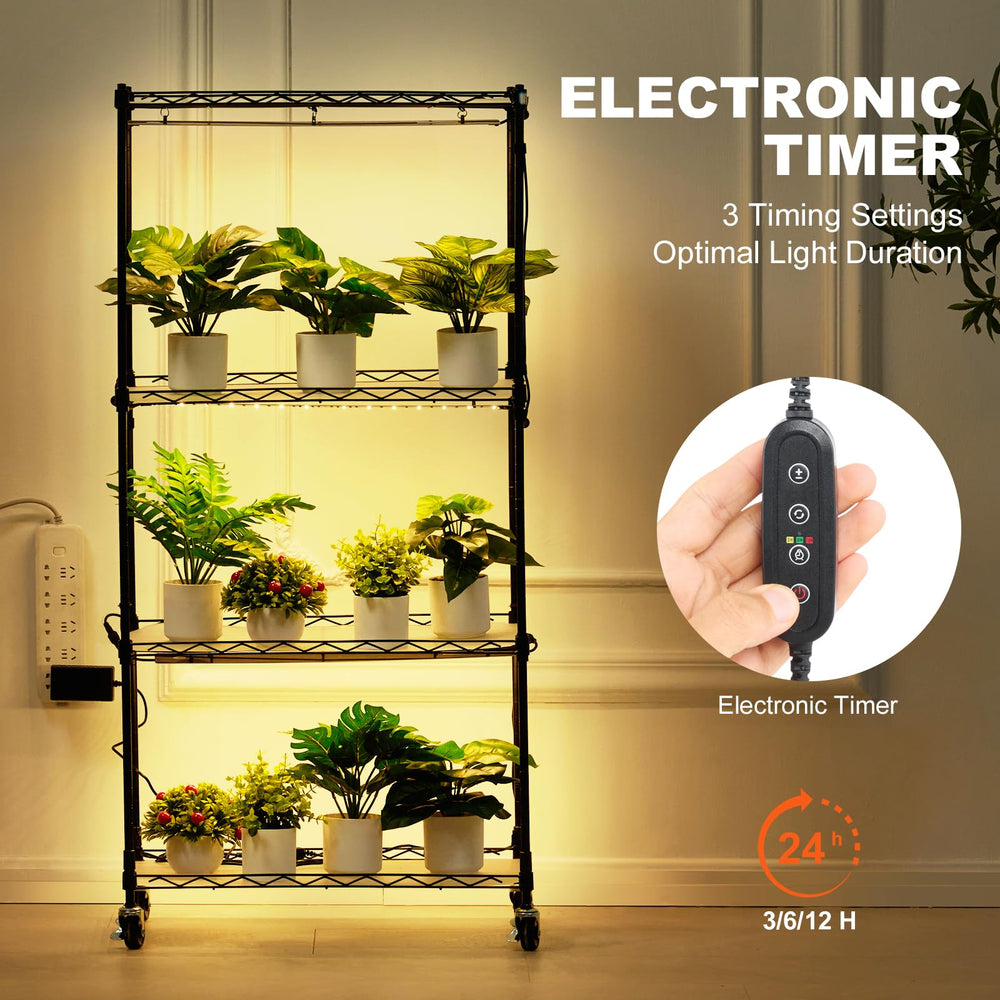VEVOR shelf detail showing steel grid and load-bearing capacity for pots