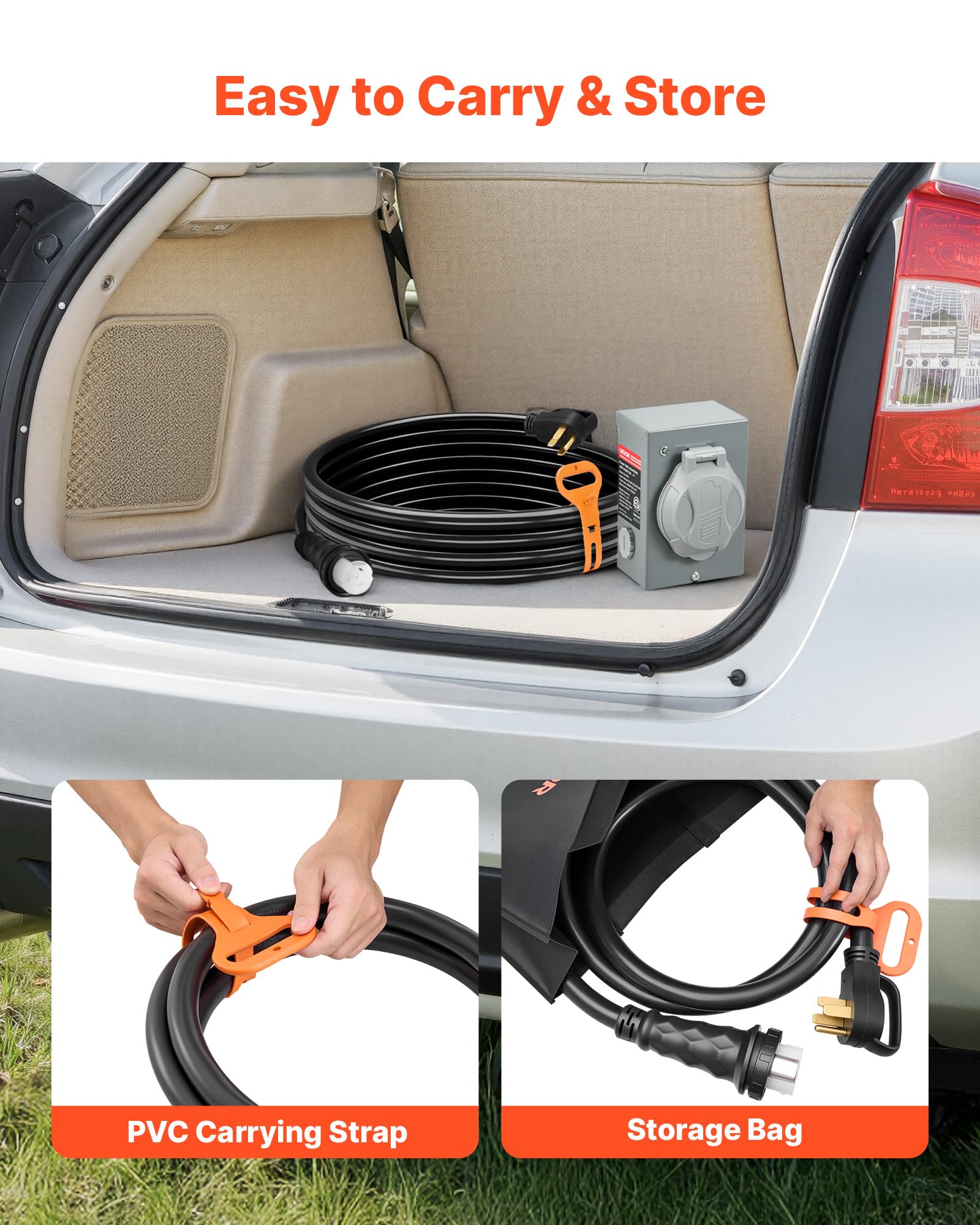 VEVOR plug engaged on generator outlet demonstrating snug, reliable mating