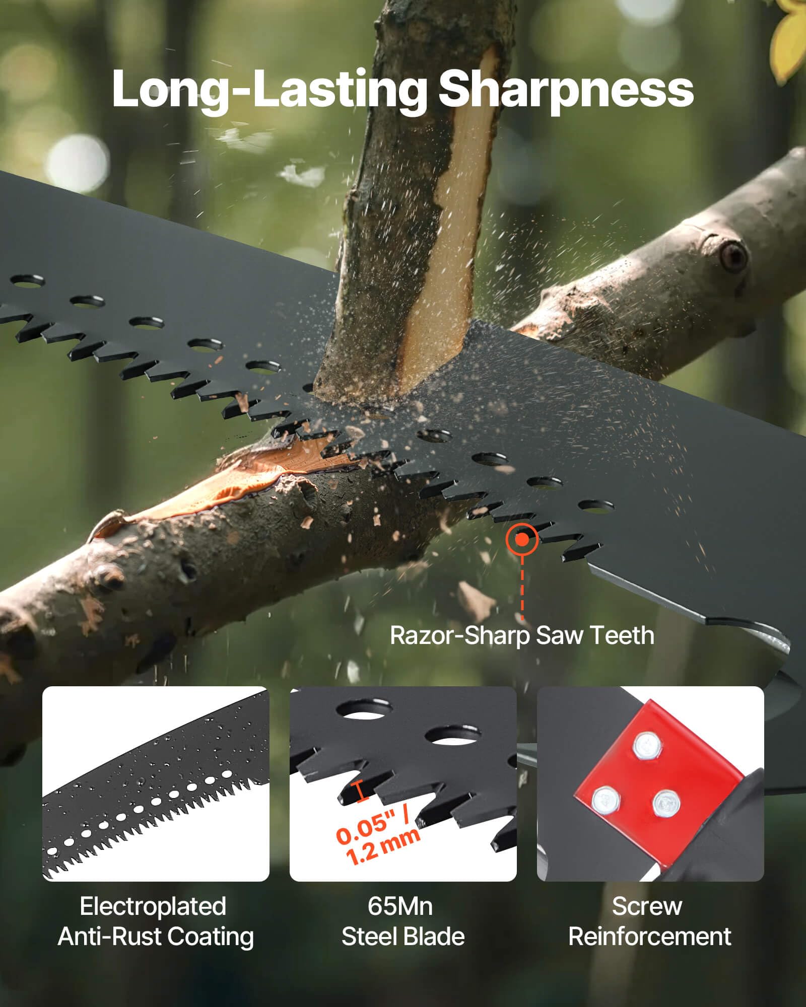 VEVOR pole saw extended and cutting a high tree branch without ladder