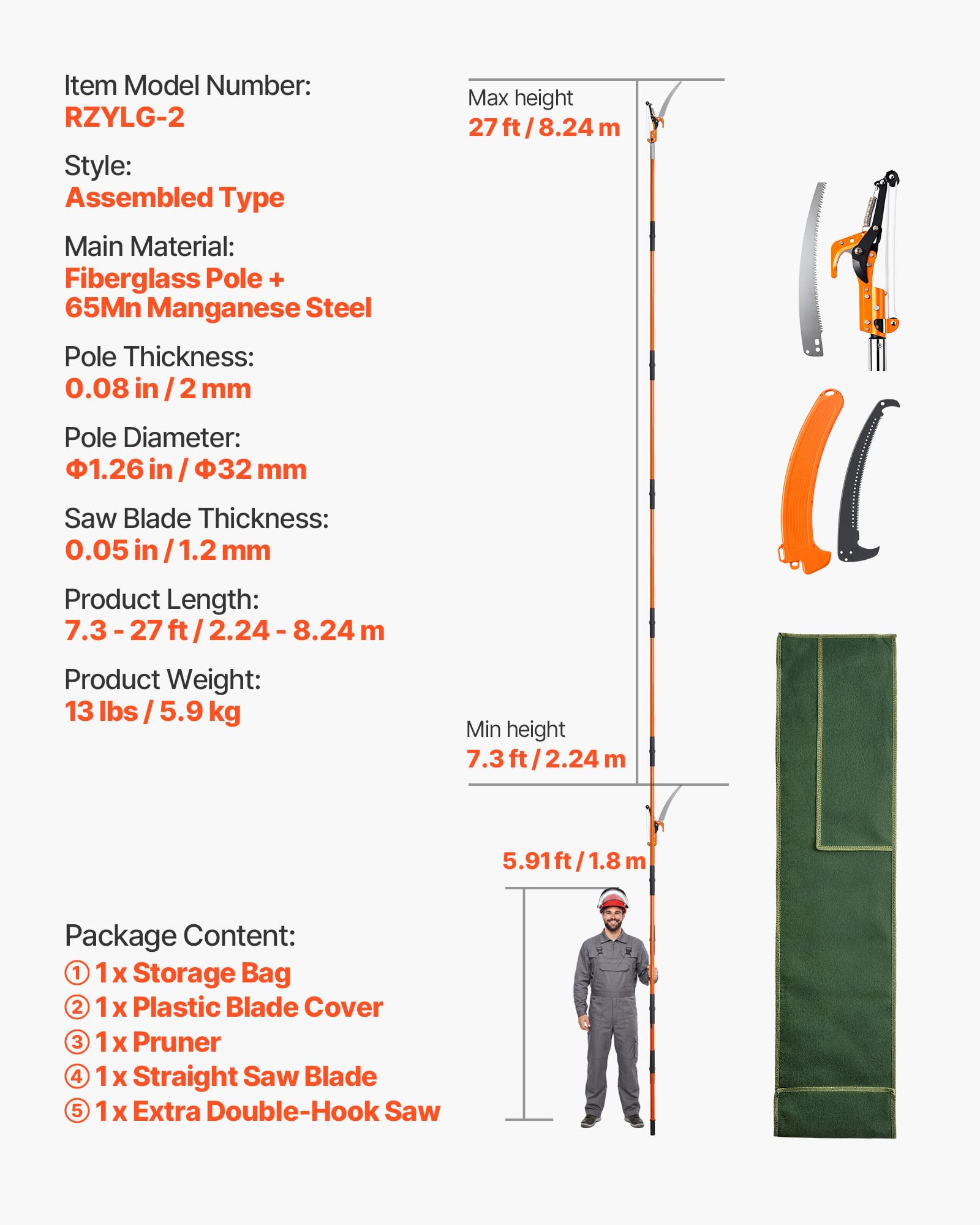 VEVOR pole saw fully extended to 27 ft showing safe high reach