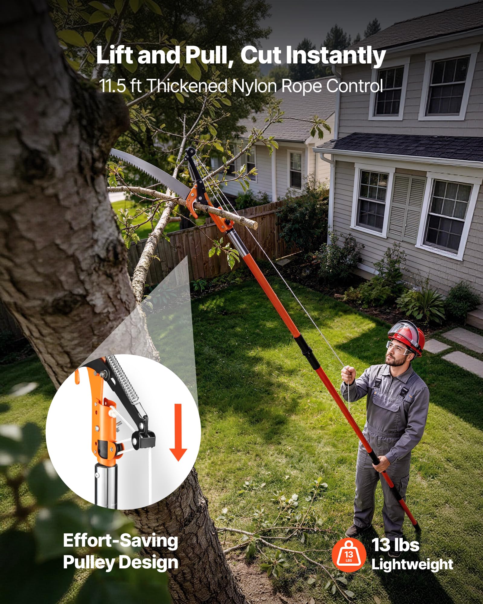 VEVOR in-use trimming a tree showing safe ground-level branch cutting