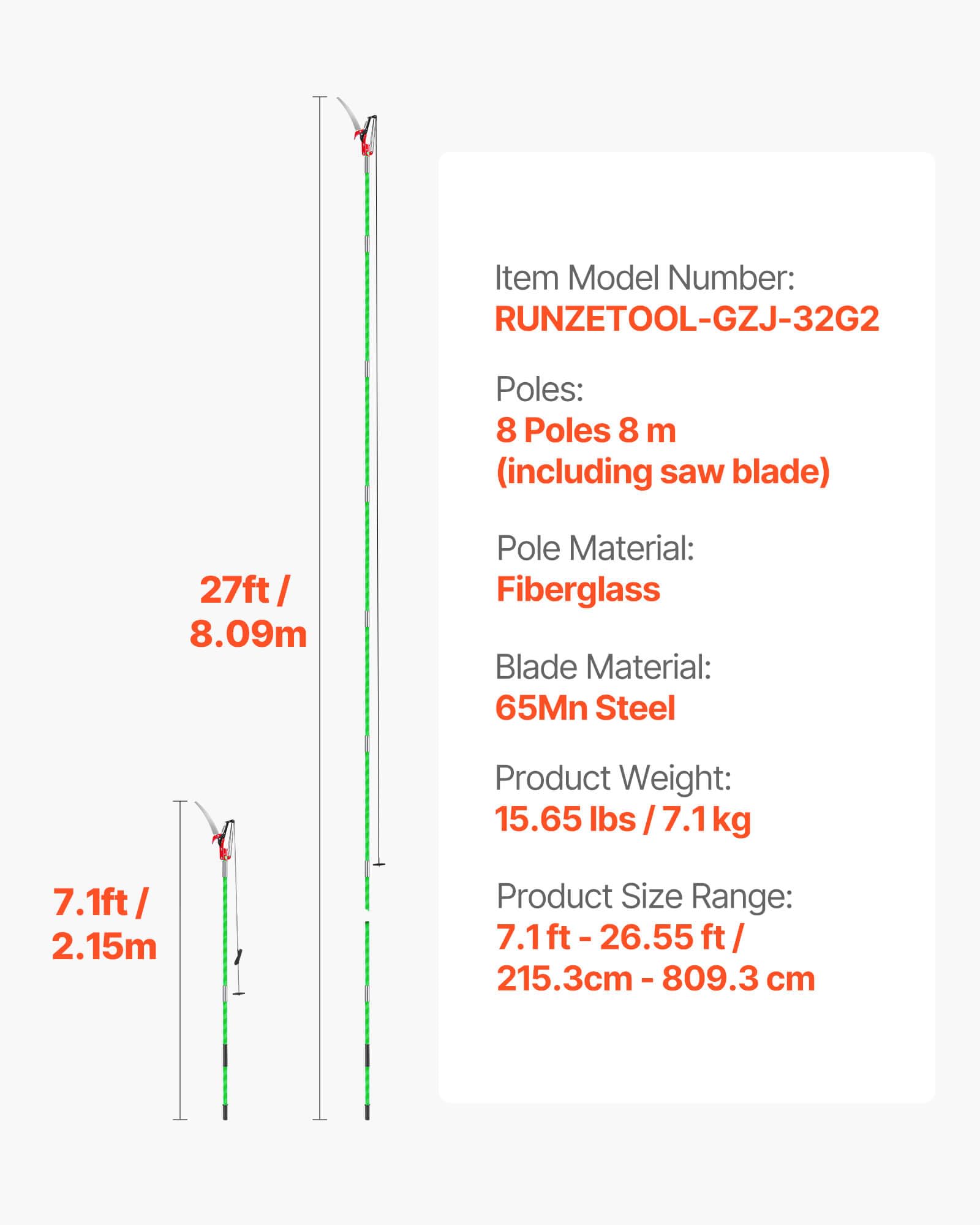 VEVOR pole saw held by person demonstrating 27 ft reach for high branches