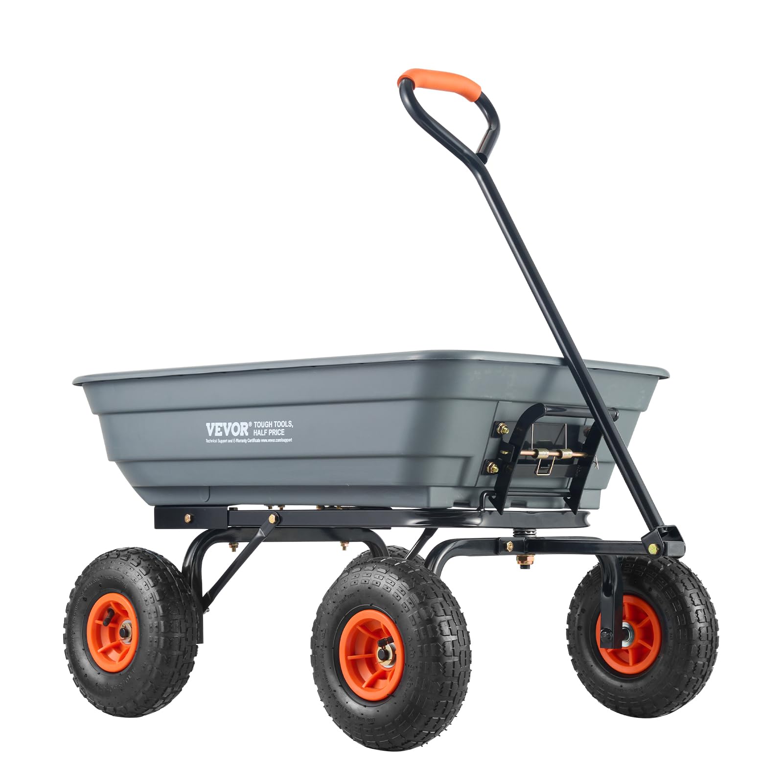 VEVOR front view of dump cart showing sturdy bed and frame for heavy loads