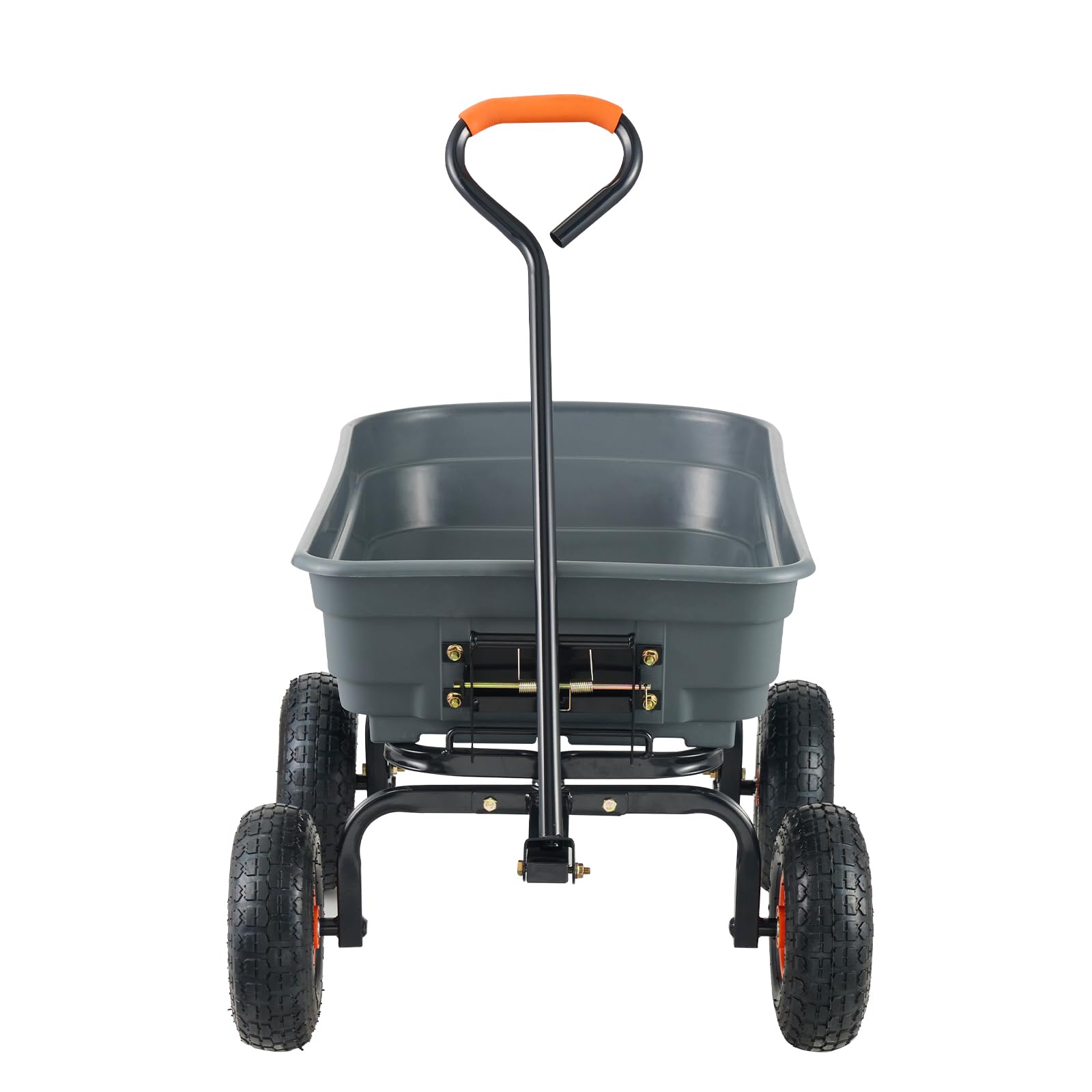VEVOR cart beside a wheelbarrow for scale comparing capacity and stability