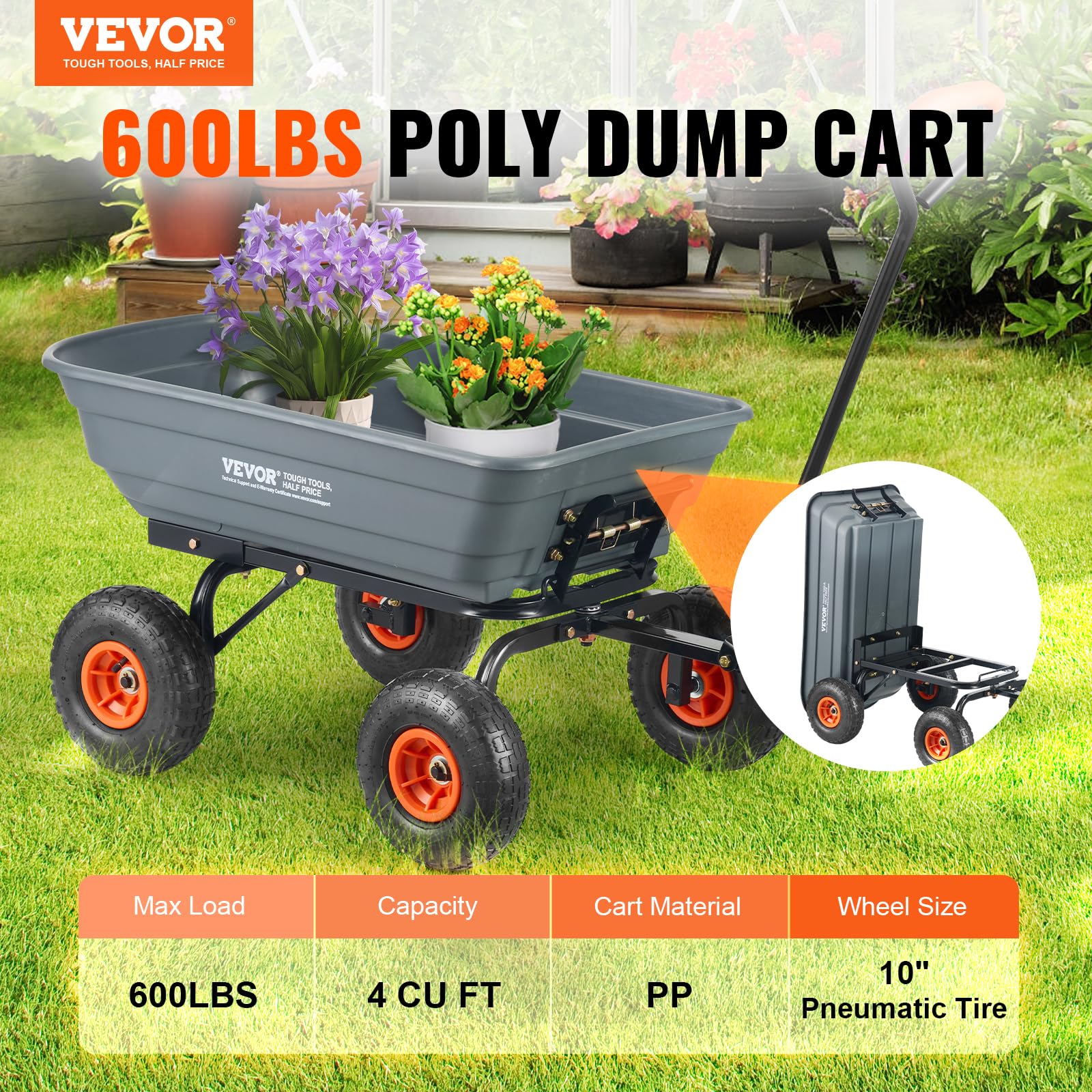 VEVOR side profile of garden wagon demonstrating low bed and balance benefits