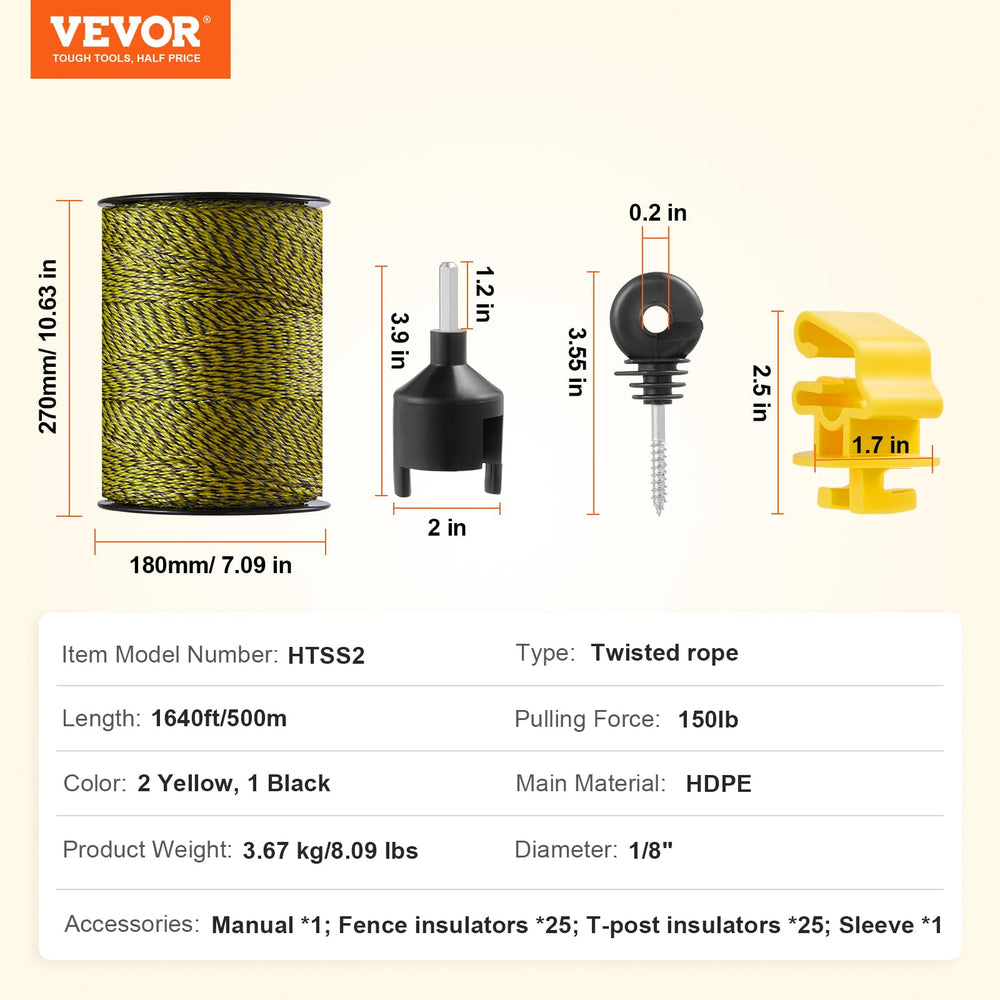 VEVOR polywire held in hand for scale, highlights lightweight portability