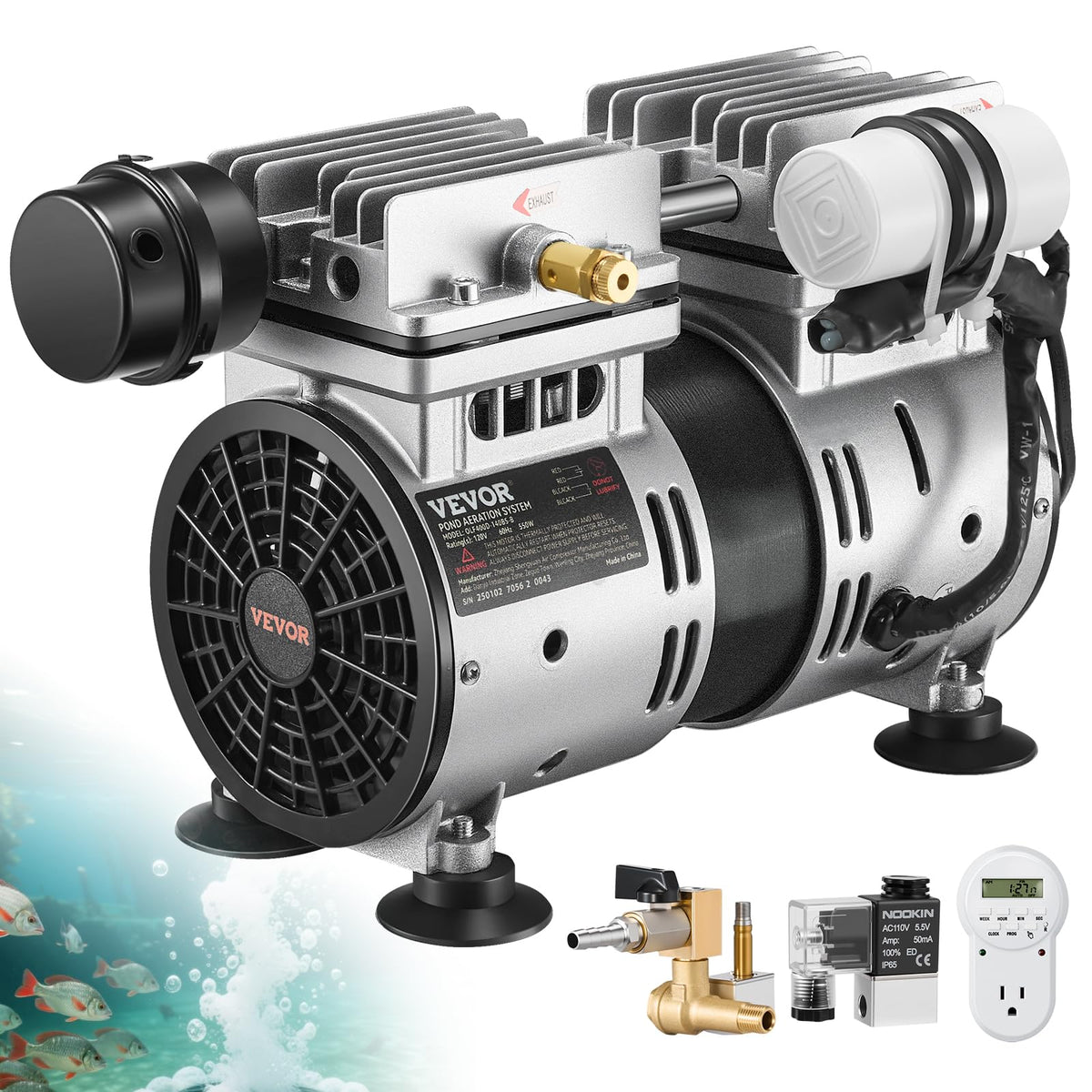 VEVOR pond aerator front view showing compact compressor and easy-access controls for reliable aeration