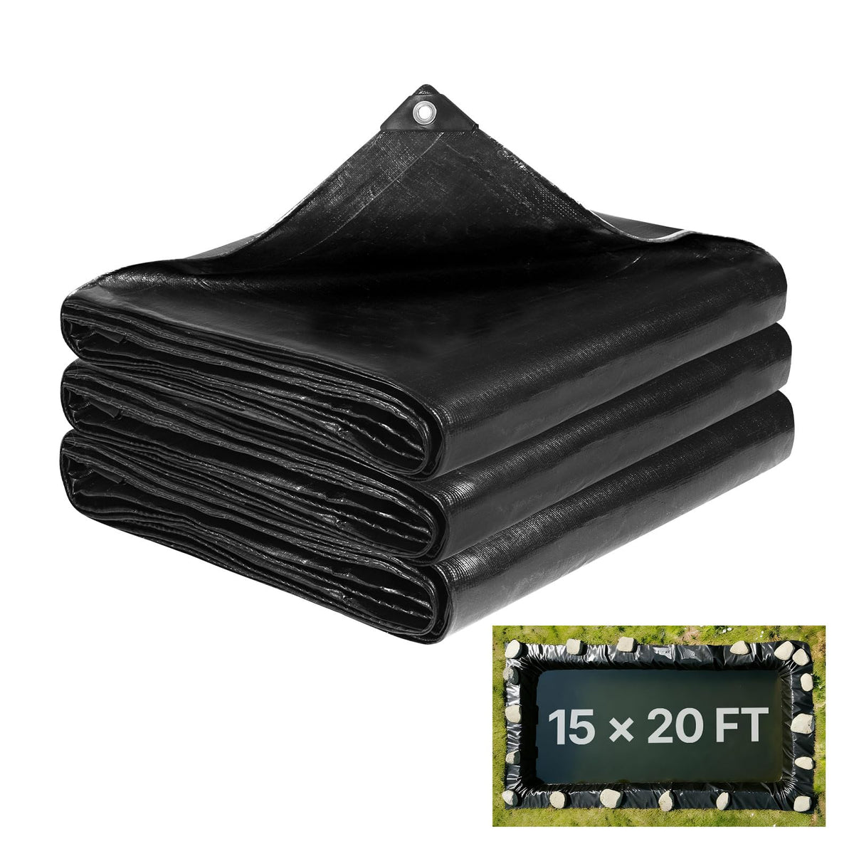 VEVOR pond liner front view showing full 15x20 ft size and durable black finish