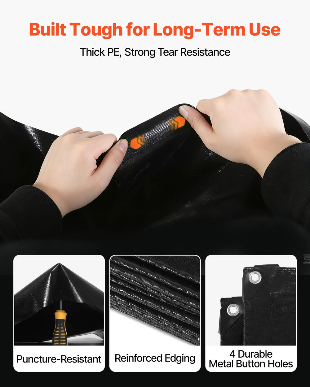 VEVOR hemmed edge close-up showing reinforced perimeter for wear protection