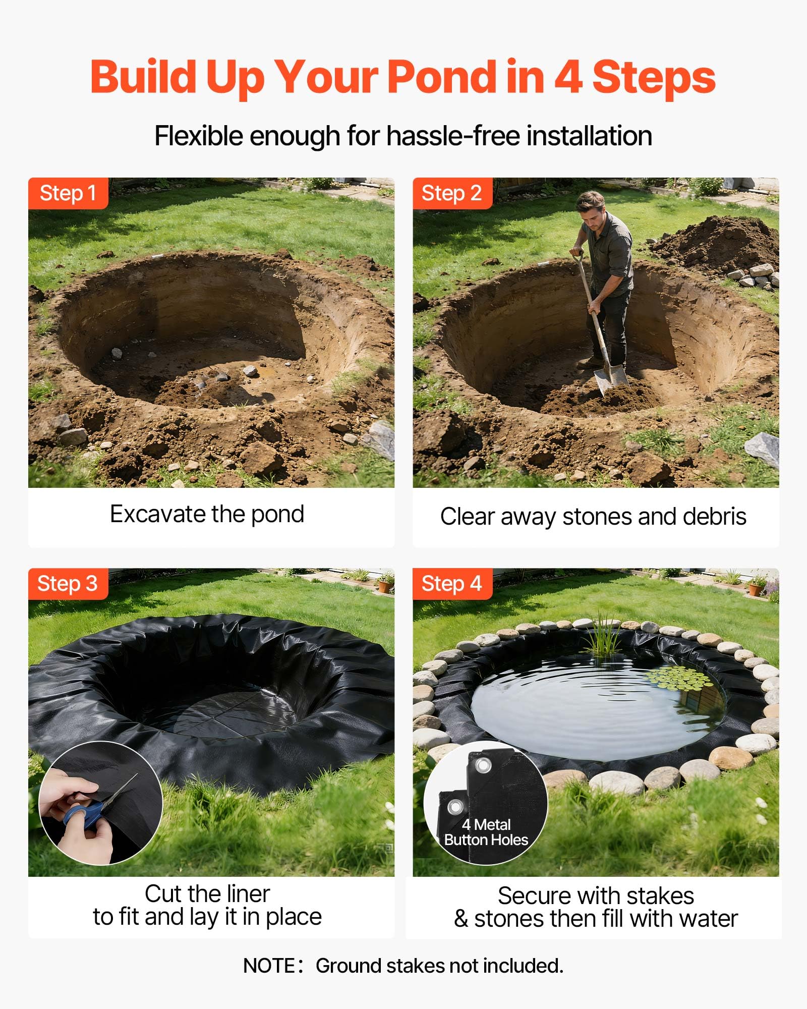 VEVOR pond liner installed in backyard pond creating stable waterproof base