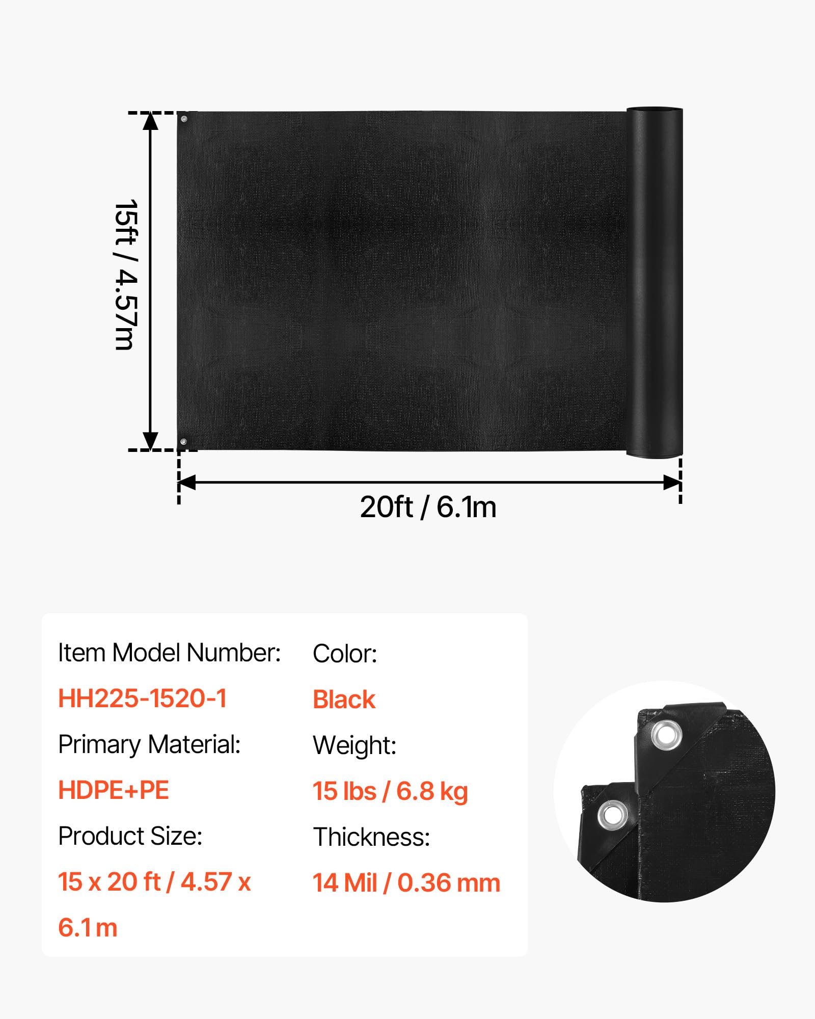 VEVOR liner beside ruler showing scale and 15x20 ft coverage for planning