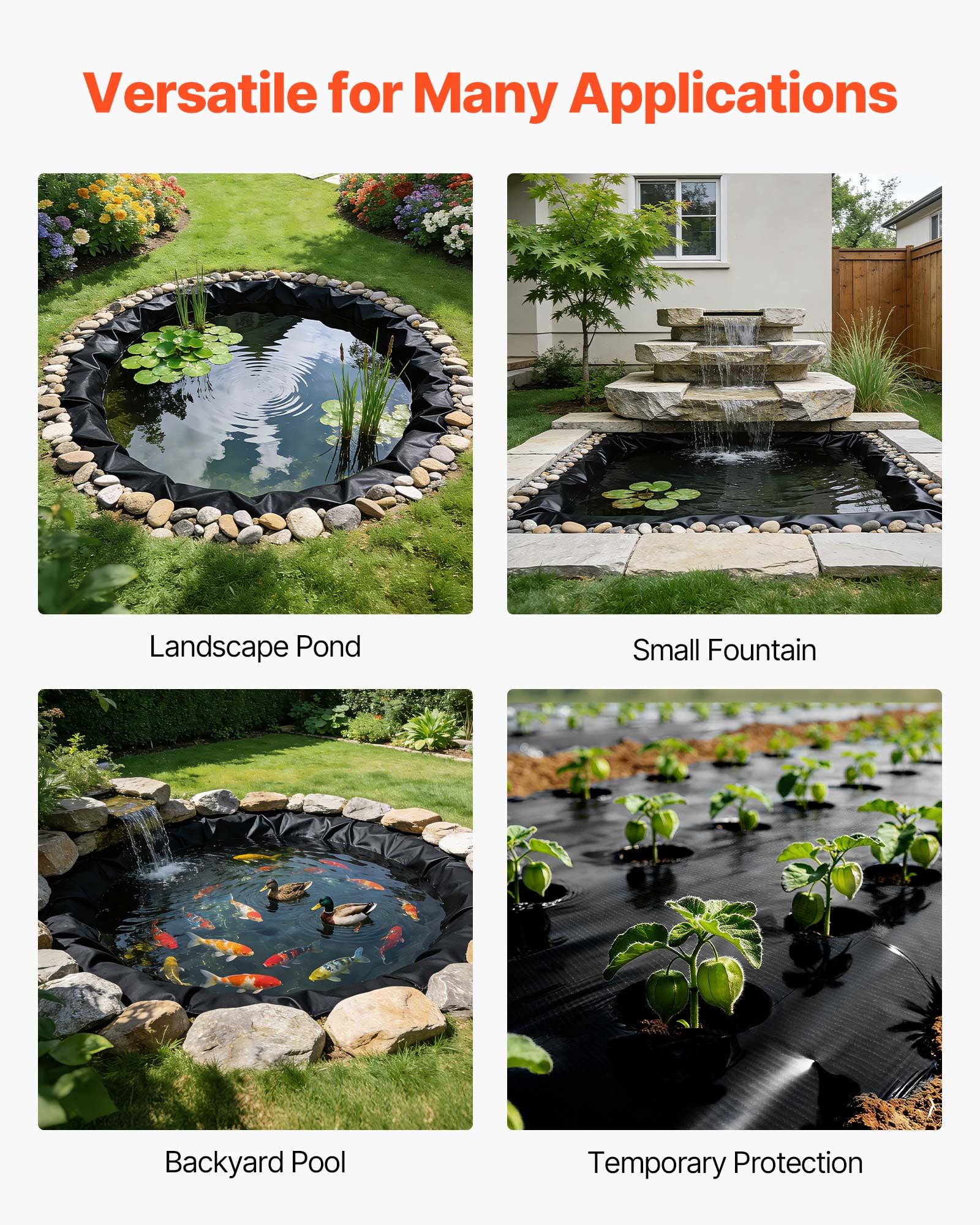 VEVOR liner integrated with backyard waterfall demonstrating smooth water flow