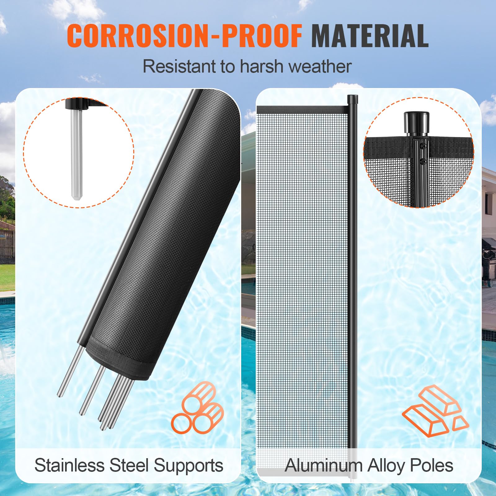 VEVOR stainless steel leg and aluminum pipe frame detail demonstrating corrosion resistance