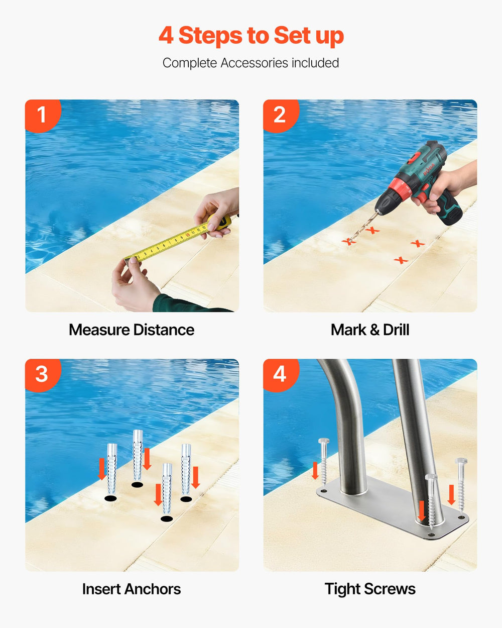 VEVOR pool rail installation hardware laid out for straightforward assembly