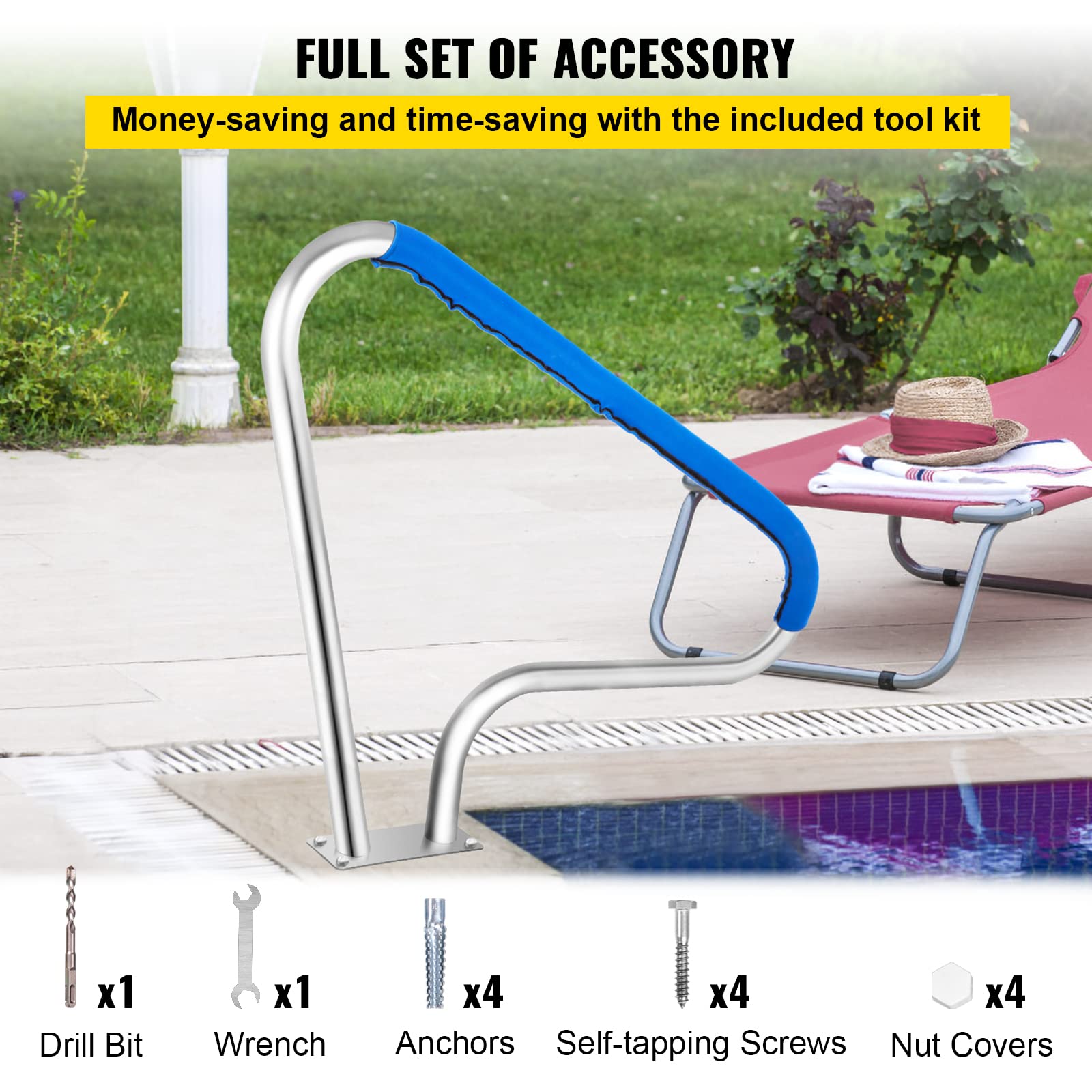 VEVOR side profile of handrail showing ergonomic curve and durable tube
