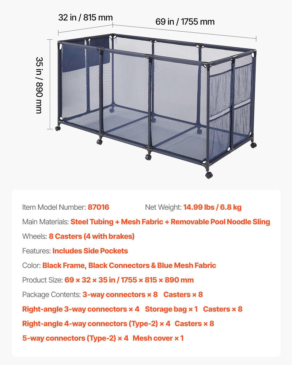 VEVOR disassembled parts showing tool-free breakdown for compact storage