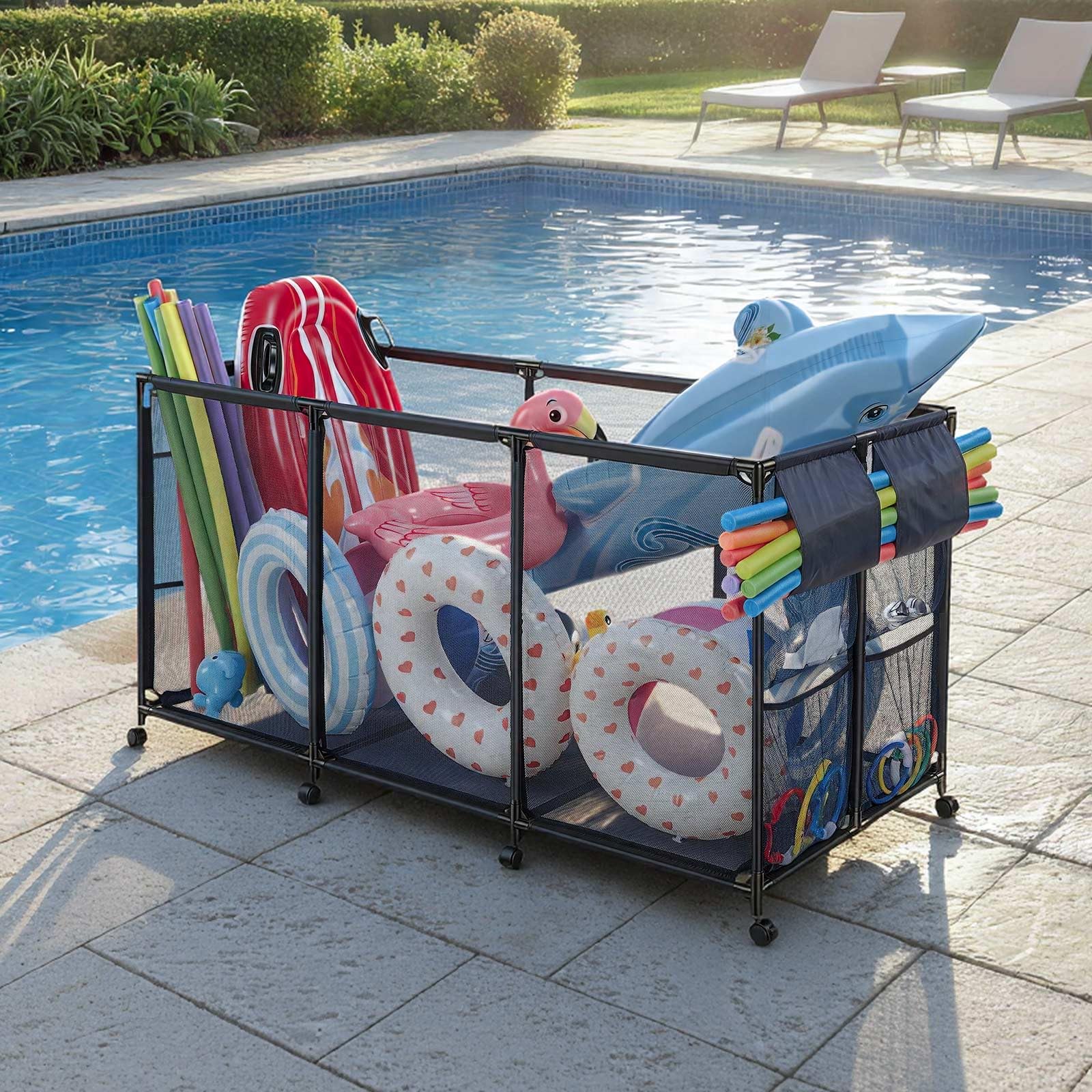VEVOR lifestyle shot by pool illustrating tidy poolside organization