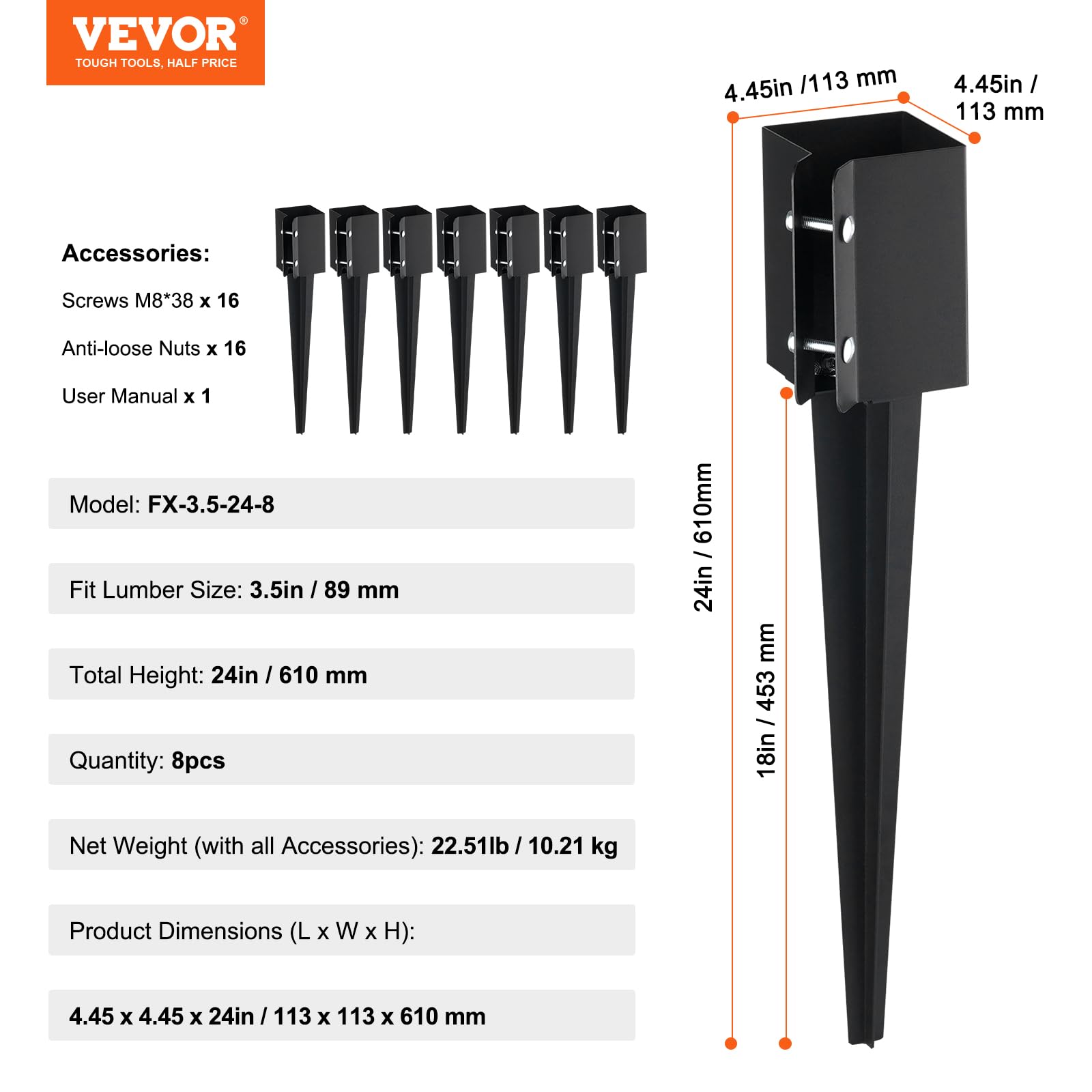 VEVOR anchor beside measuring tape showing 24 inch scale and installation clarity benefit