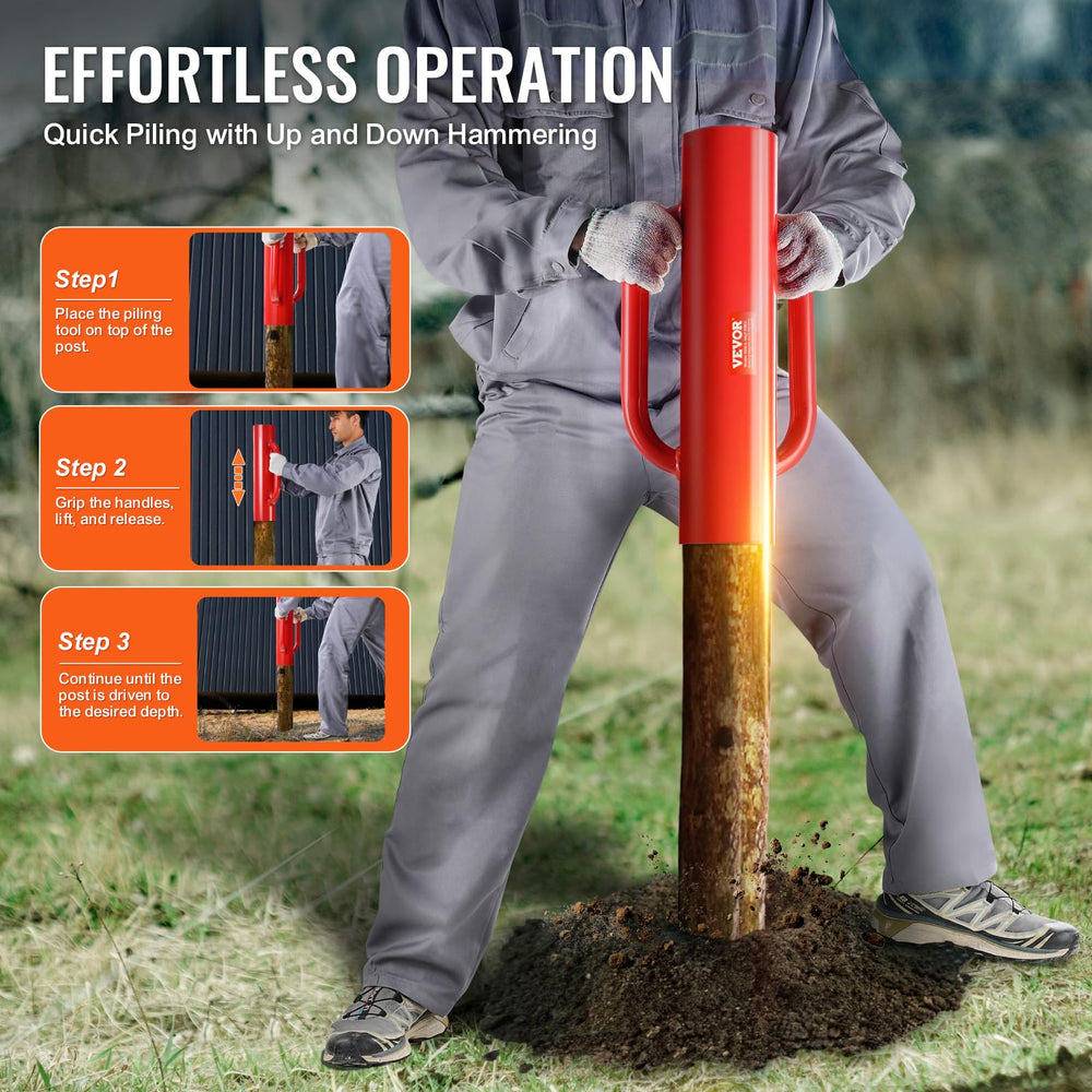 VEVOR post driver in use driving a T-post in a field for faster fence installation