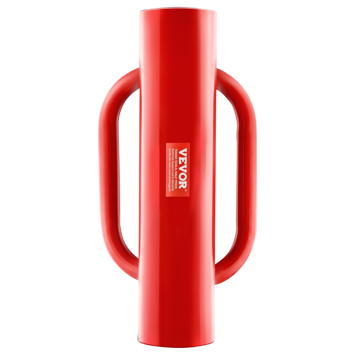 VEVOR front view of red post driver showing robust construction and ergonomic handles for easier post setting