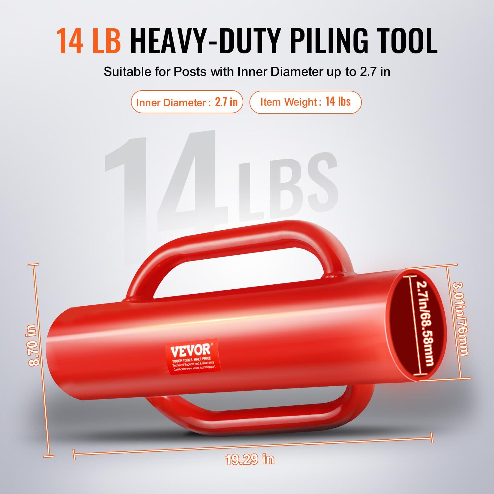 VEVOR post driver beside ruler showing 14 lb head scale and compact portability benefit