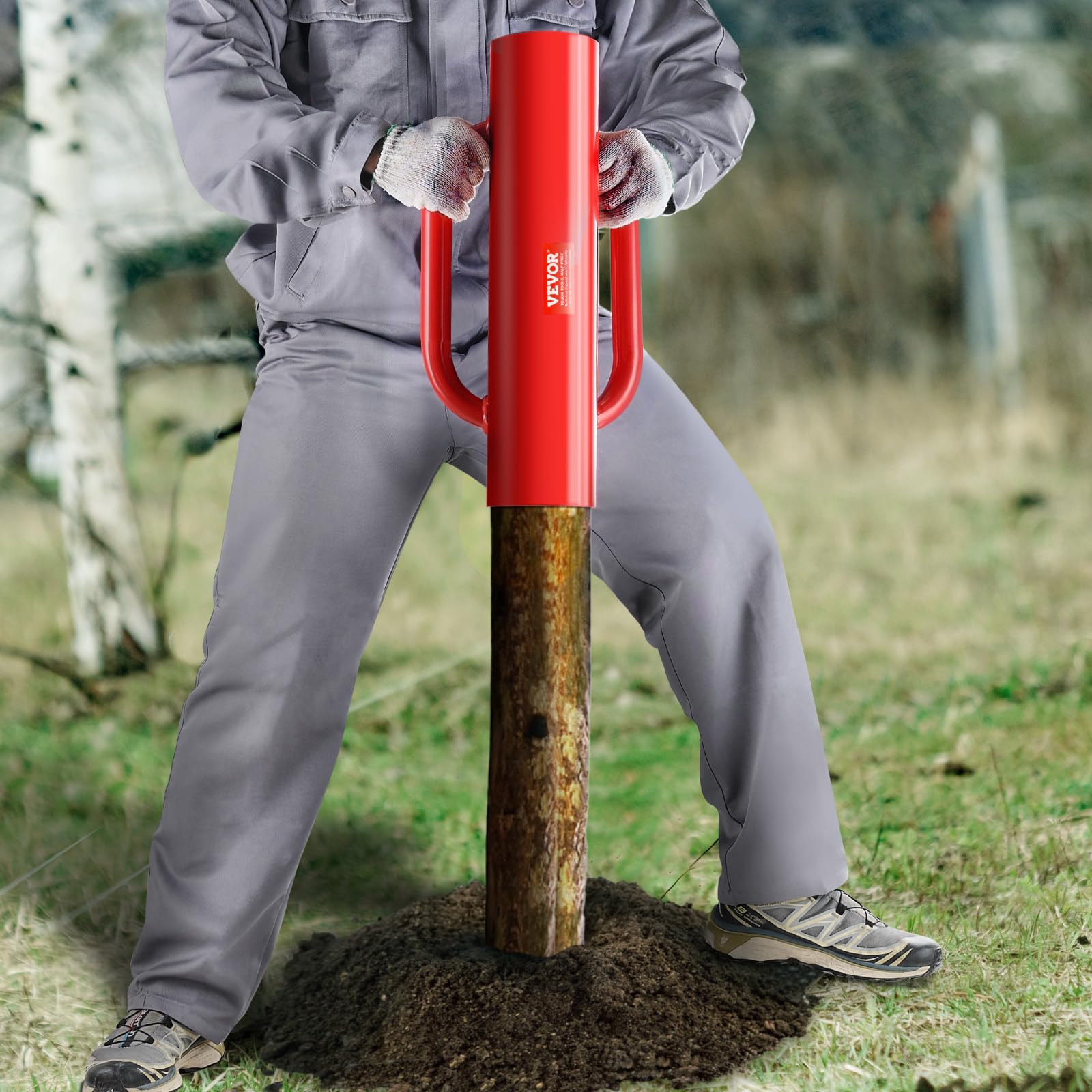 VEVOR driving a wooden stake showing compatibility and cleaner, damage-free strikes