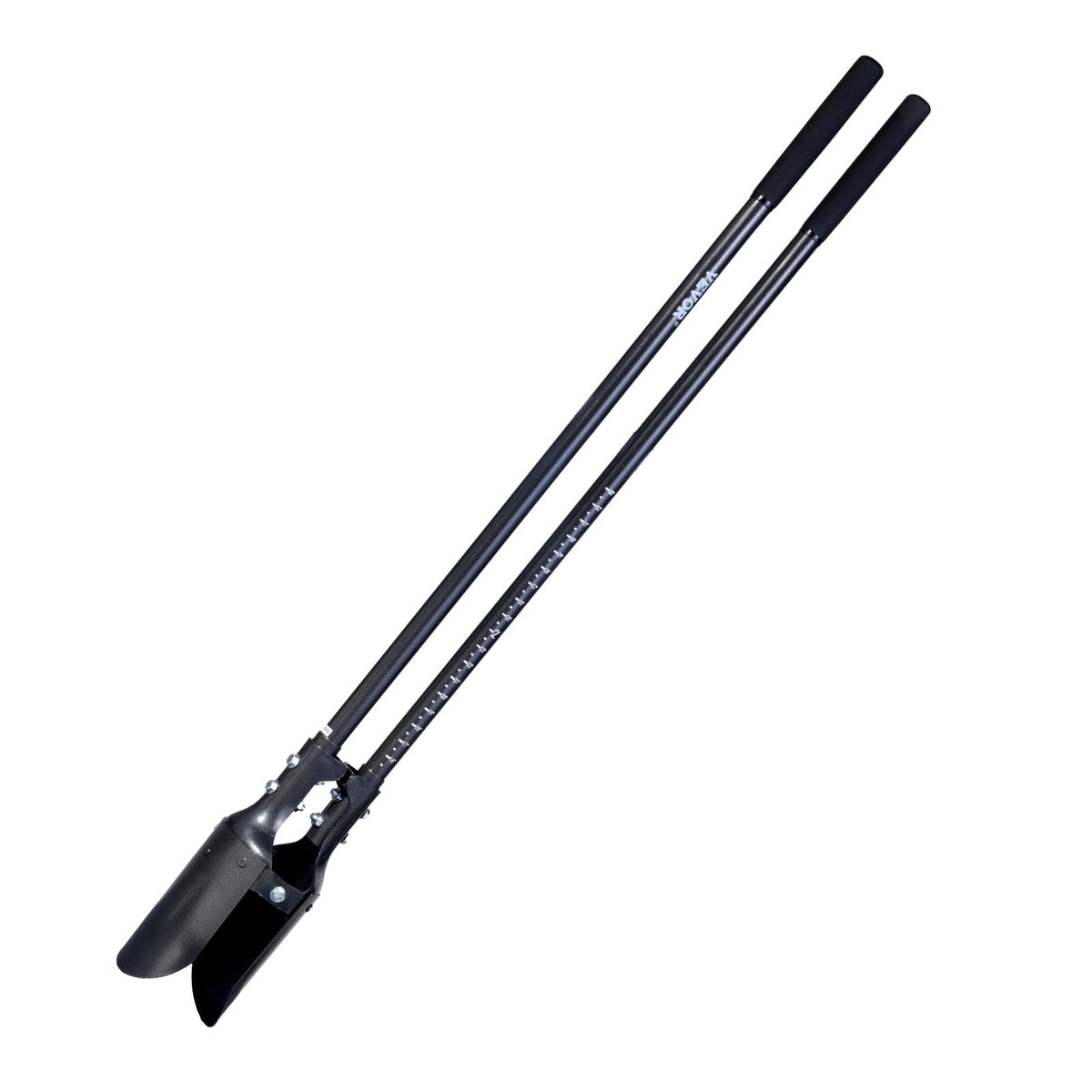 VEVOR front view of post hole digger showing full length and blade, durable digging performance